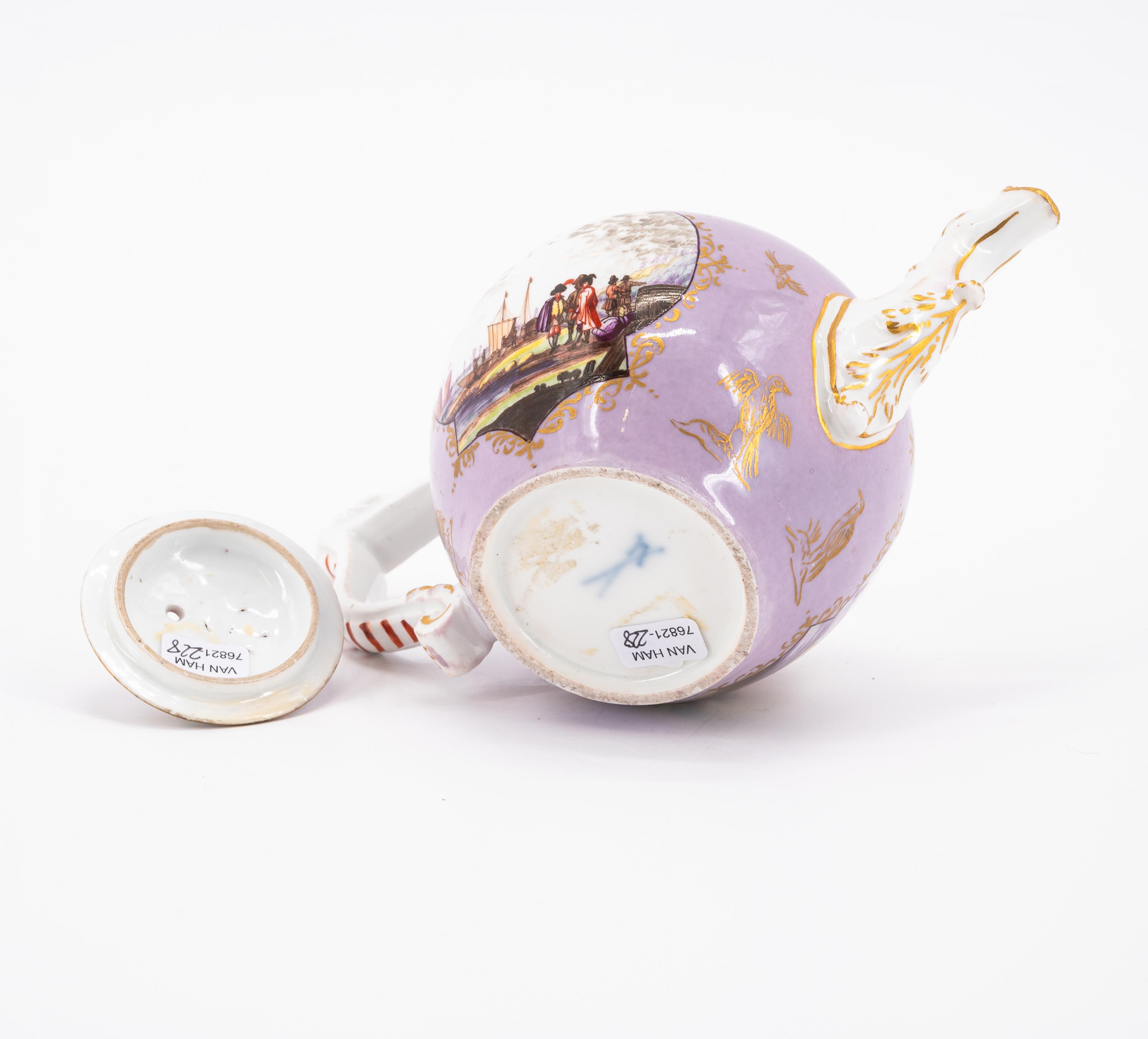 PORCELAIN TEAPOT AND COFFEEPOT WITH PURPLE GROUND AND MERCHANTS NAVY SCENES - Image 11 of 11