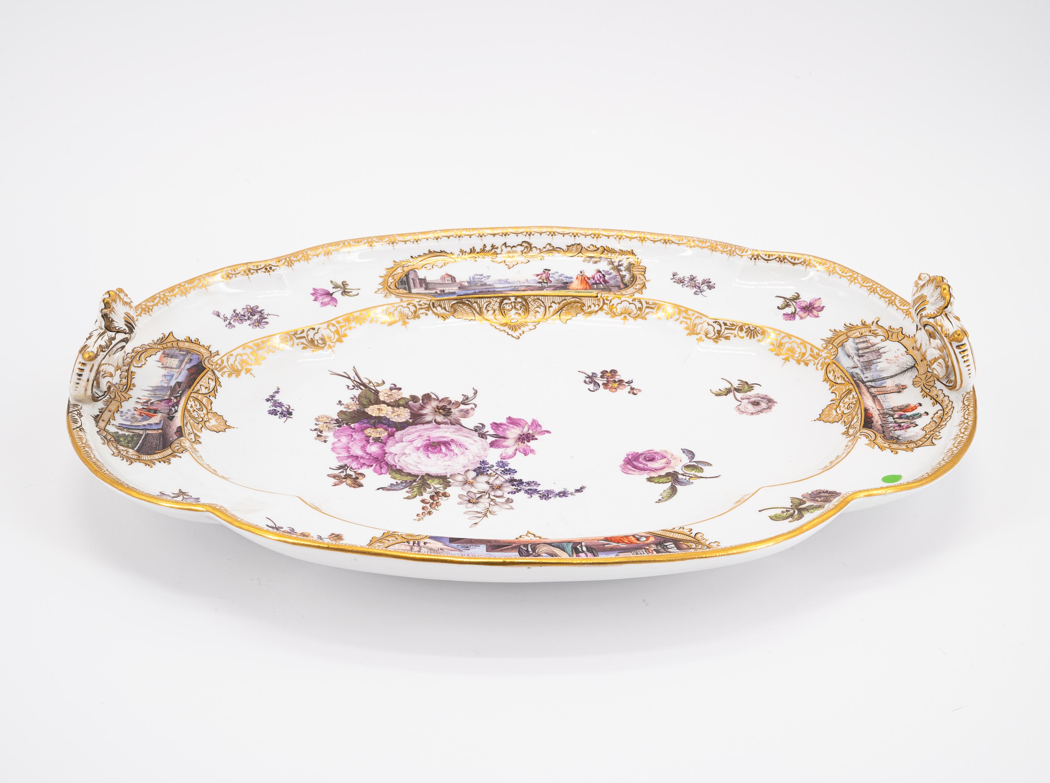 LARGE OVAL PORCELAIN PLATTER WITH WATTEAU SCENE AND FLOWER PAINTING - Image 2 of 3