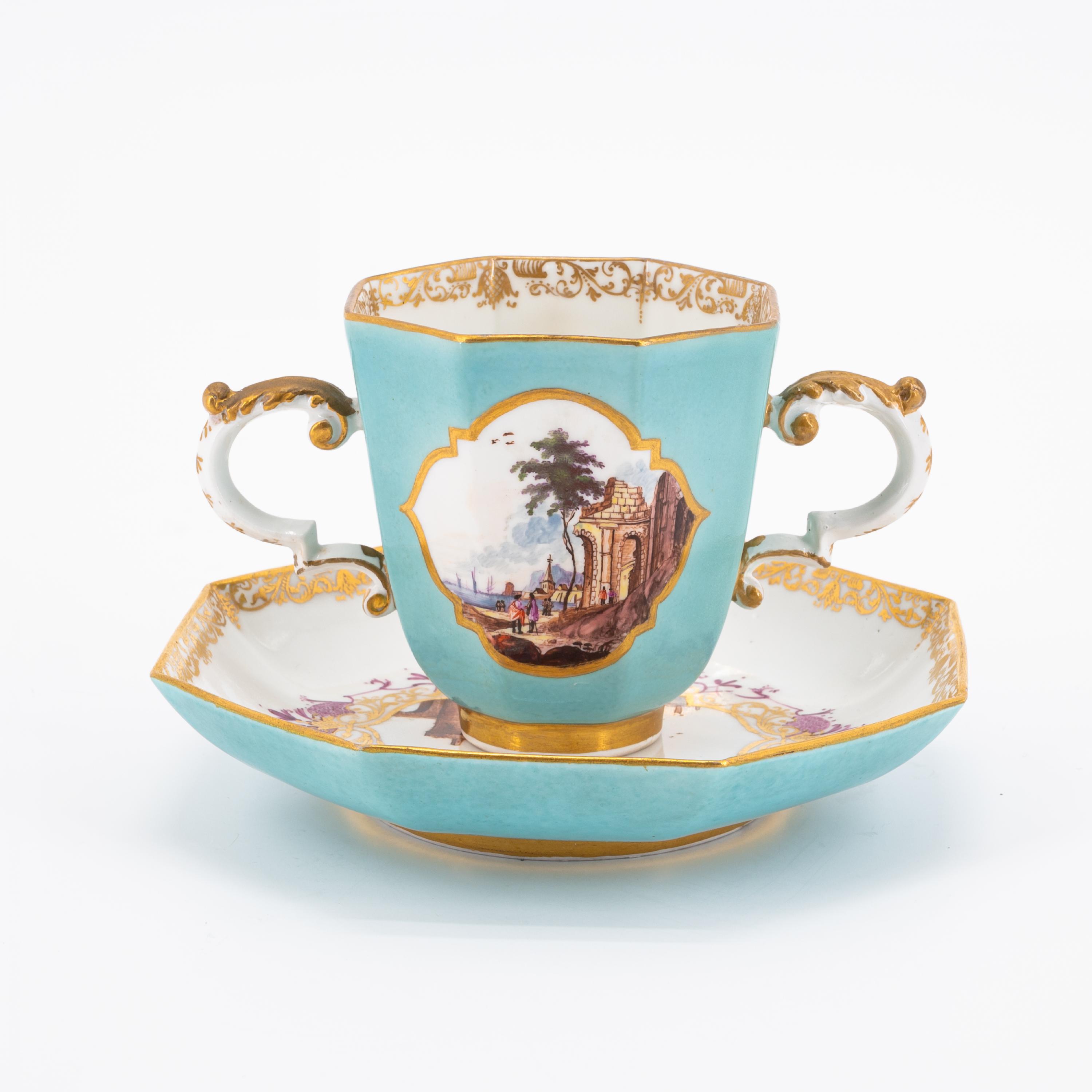 OCTAGONAL PORCELAIN CREAM JUG; HANDLES CUP AND SAUCER WITH TURQUOISE BACKGROUND AND LANDSCAPE DECORA - Image 3 of 11