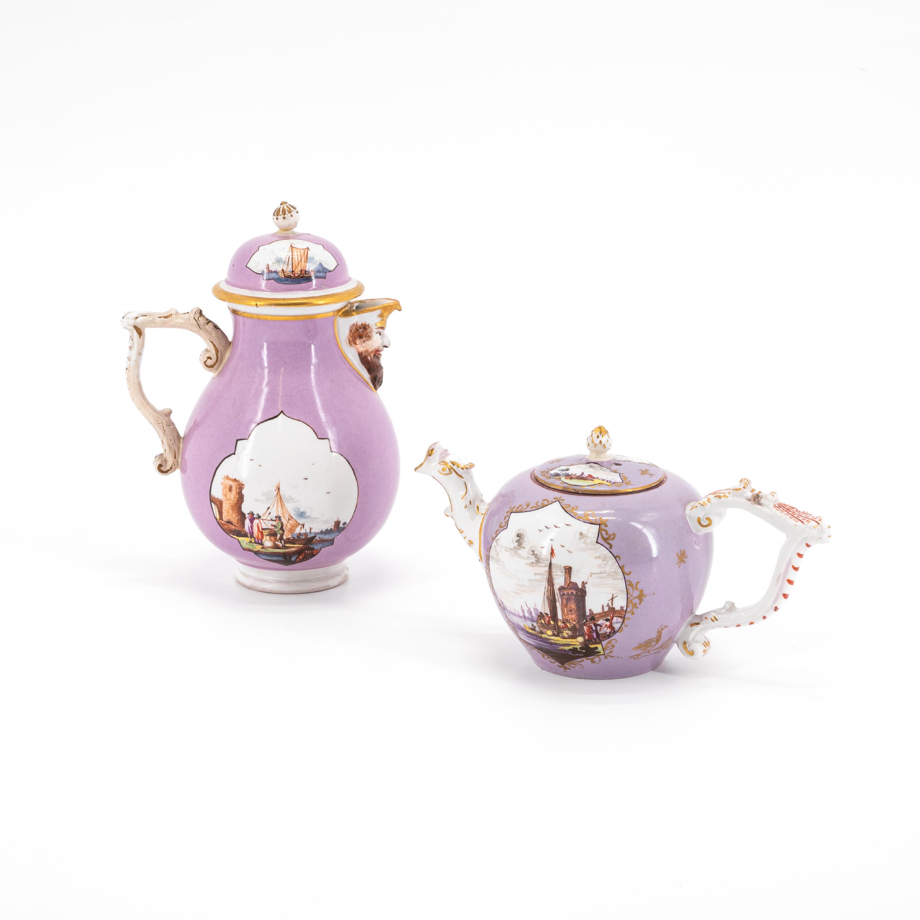 PORCELAIN TEAPOT AND COFFEEPOT WITH PURPLE GROUND AND MERCHANTS NAVY SCENES