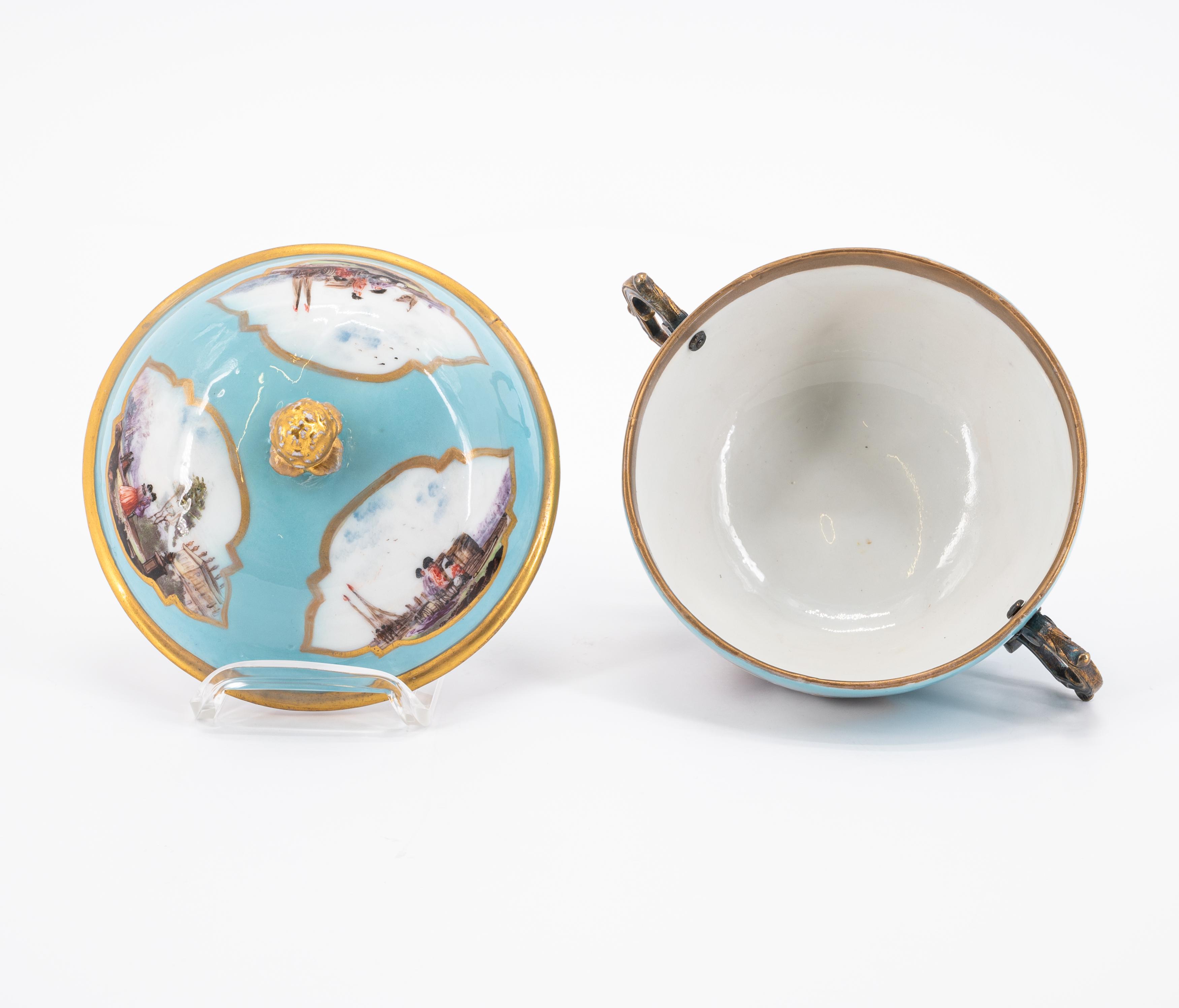 SMALL PORCELAIN TUREEN AND SAUCER WITH TURQUOISE BACKGROUND AND MERCHANT'S NAVY SCENES - Image 7 of 8