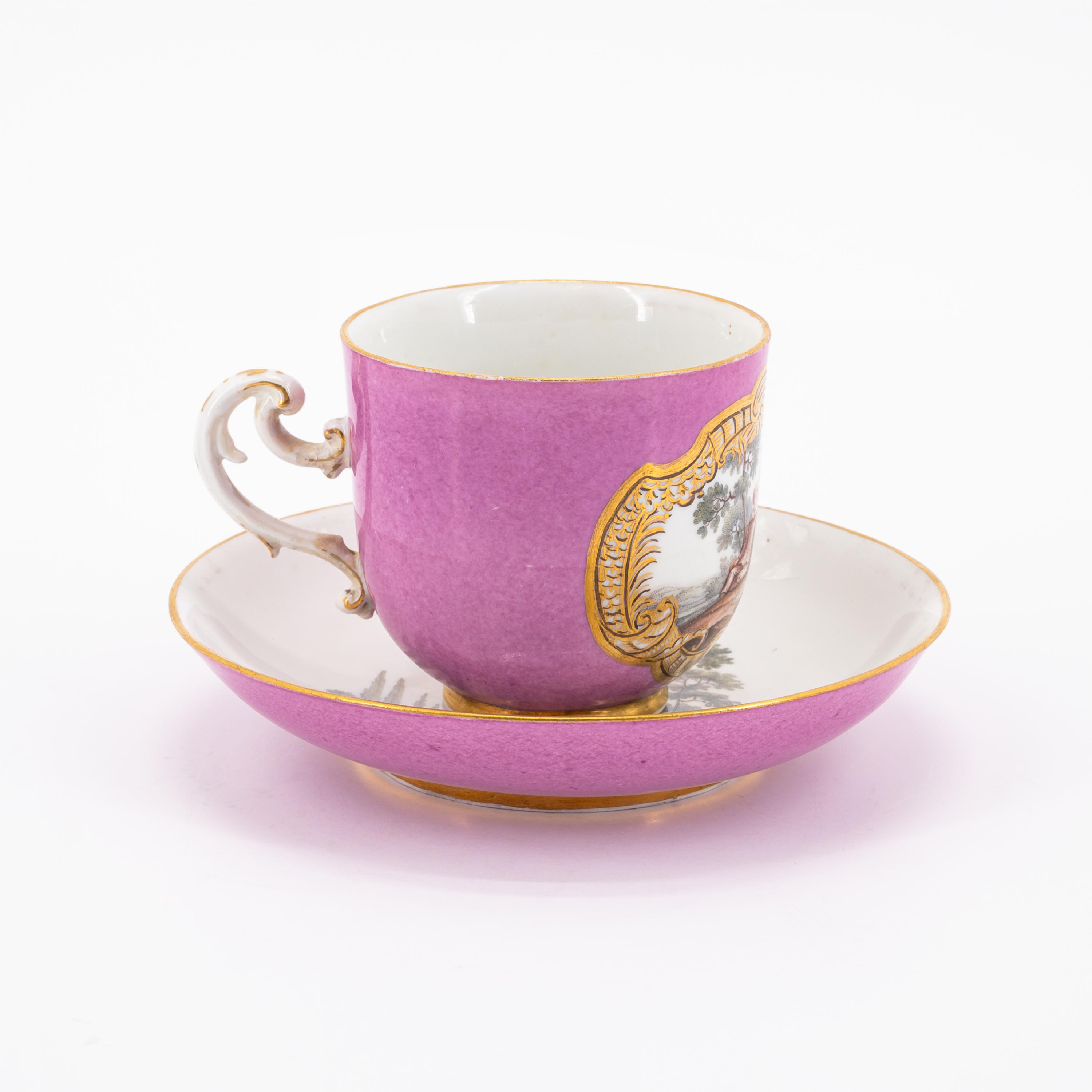 PORCELAIN SLOP BOWL, CUP WITH SAUCER AND PURPLE GROUND AND GALLANT PARK SCENES - Image 4 of 11