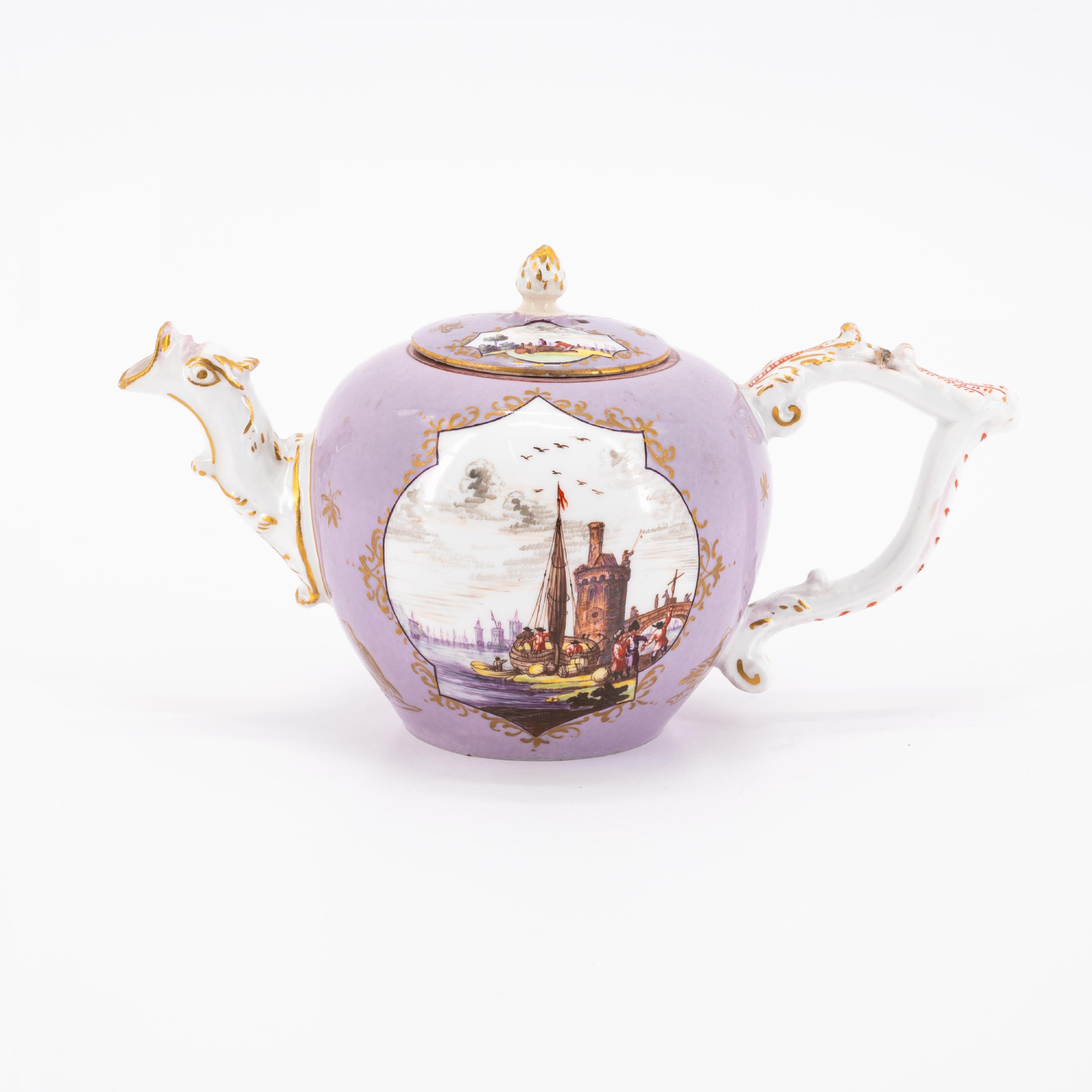 PORCELAIN TEAPOT AND COFFEEPOT WITH PURPLE GROUND AND MERCHANTS NAVY SCENES - Image 8 of 11