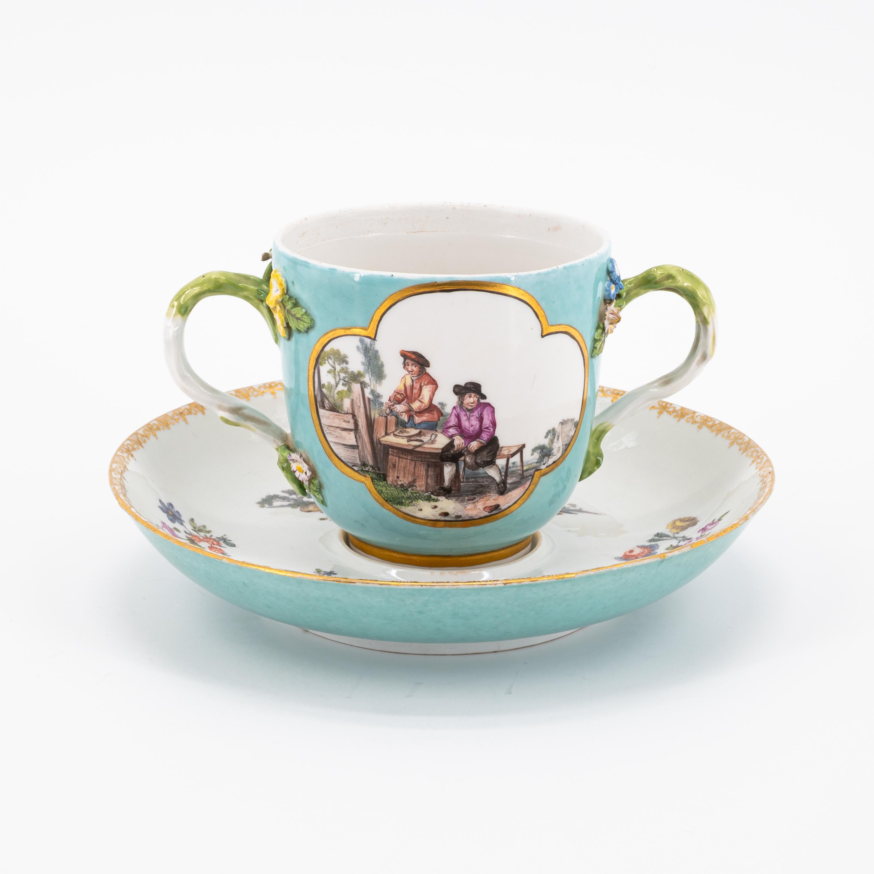 PORCELAIN MUG WITH TURQUOISE GROUND, APPLIED FLOWERS AND RURAL SCENES - Image 3 of 6