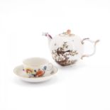PORCELAIN TEA POT WITH BIRD DECOR AND CUP WITH SAUCER AND FLORAL DECOR