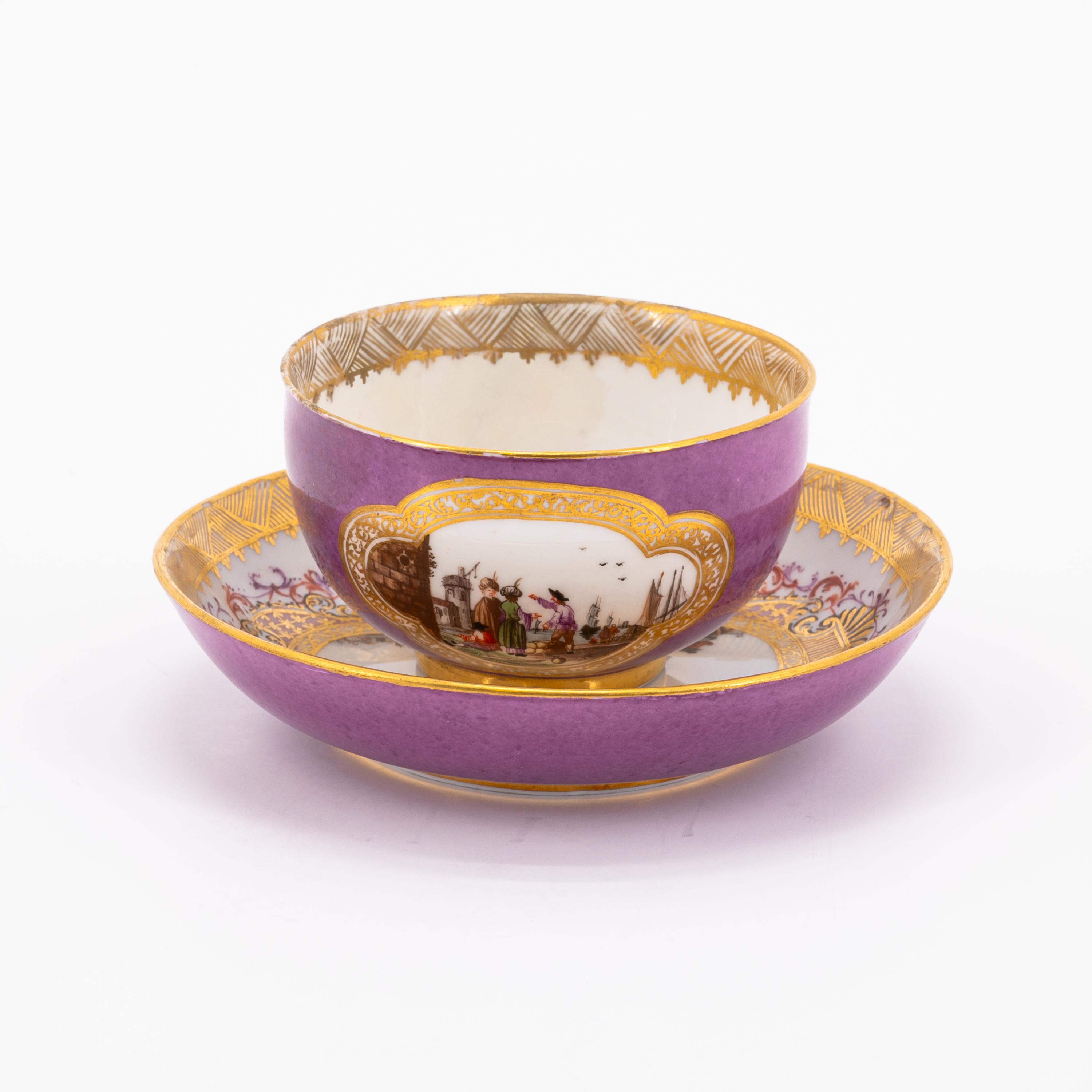 TWO PORCELAIN TEA BOWLS AND TWO SAUCER WITH PURPLE FOND AND MERCHANT NAVY SCENE - Image 3 of 11
