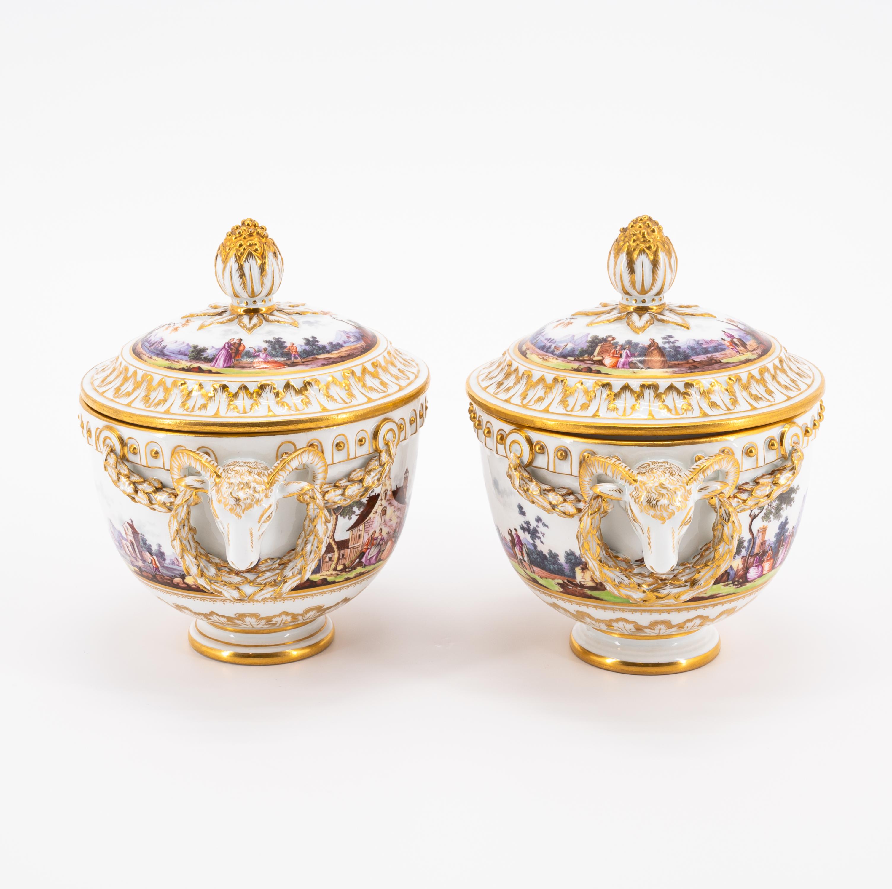 PAIR OF PORCELAIN LIDDED VESSELS WITH RAM DECORATION AND SURROUNDING LANDSCAPE PAINTINGS - Image 4 of 8