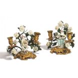 BRONZE AND PORCELAIN PAIR OF TWO-LIGHT CANDLESTICKS WITH COLUMBINE AND HARLEQUIN