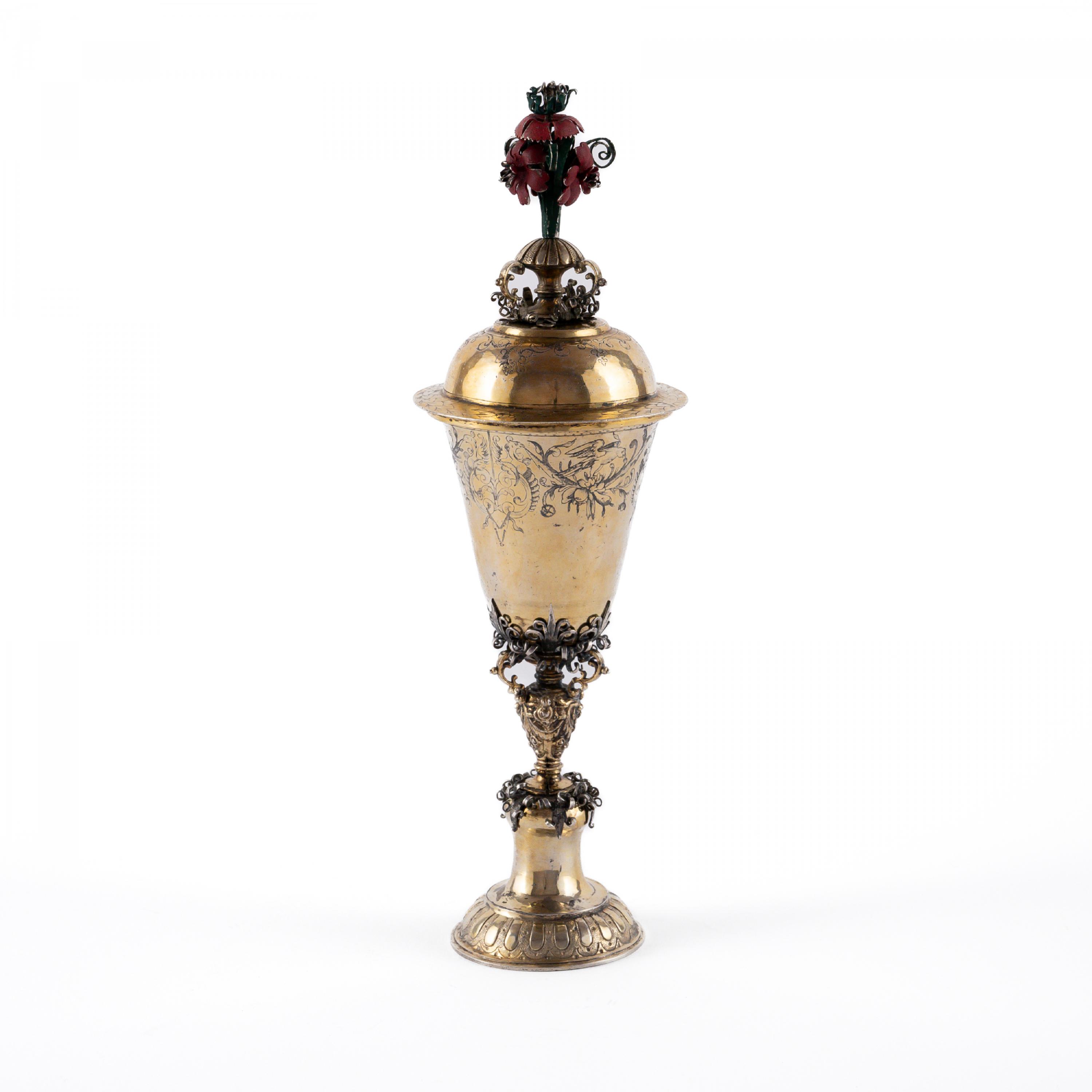 EARLY VERMEIL SILVER LIDDED GOBLET WITH COLOURED LID - Image 2 of 7