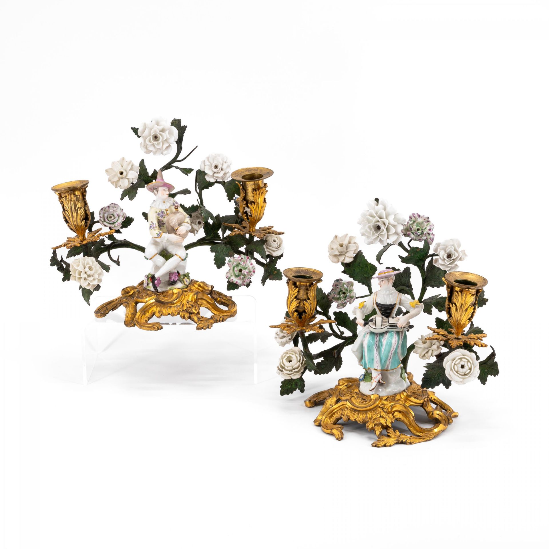 BRONZE AND PORCELAIN PAIR OF TWO-LIGHT CANDLESTICKS WITH COLUMBINE AND HARLEQUIN - Image 2 of 5