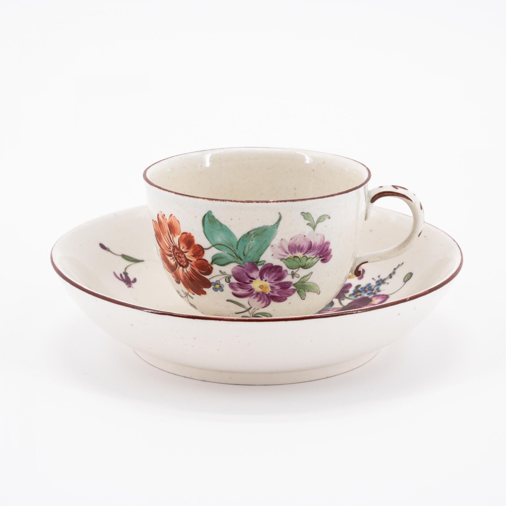 SIX PORCELAIN CUPS AND THREE SAUCERS WITH BIRD DECOR, FLOWERS AND LANDSCAPE SCENES - Image 12 of 16