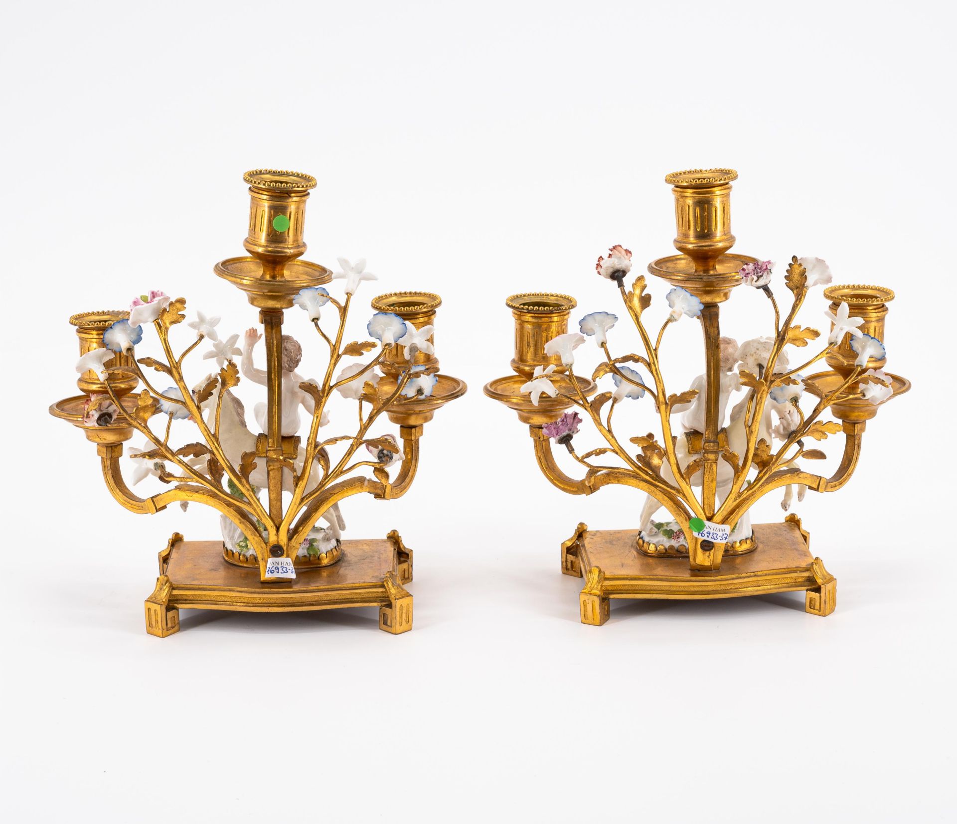 BRONZE PAIR OF THREE-LIGHT CANDLESTICKS WITH CUPIDS RIDING HORSES - Image 4 of 6