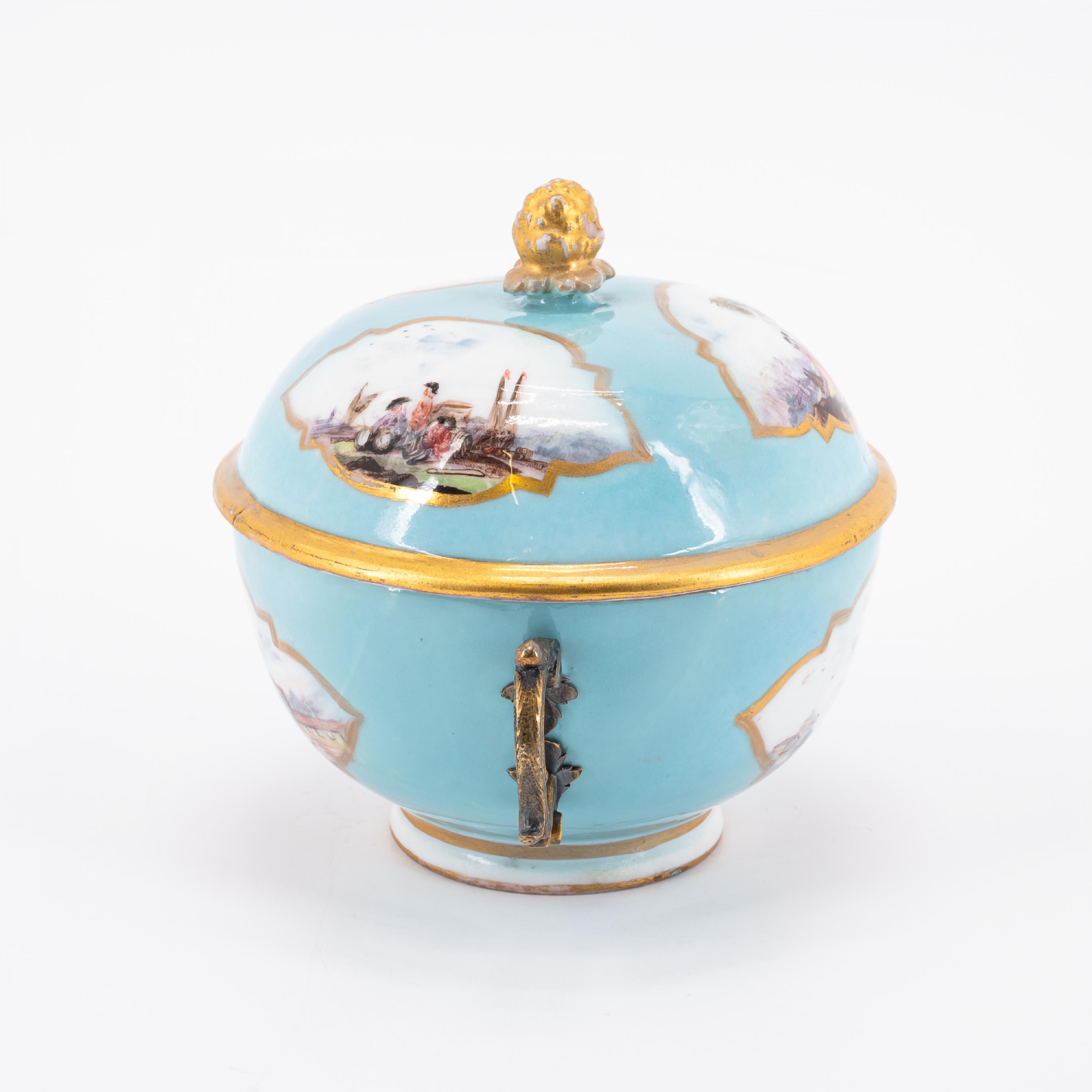 SMALL PORCELAIN TUREEN AND SAUCER WITH TURQUOISE BACKGROUND AND MERCHANT'S NAVY SCENES - Image 4 of 8