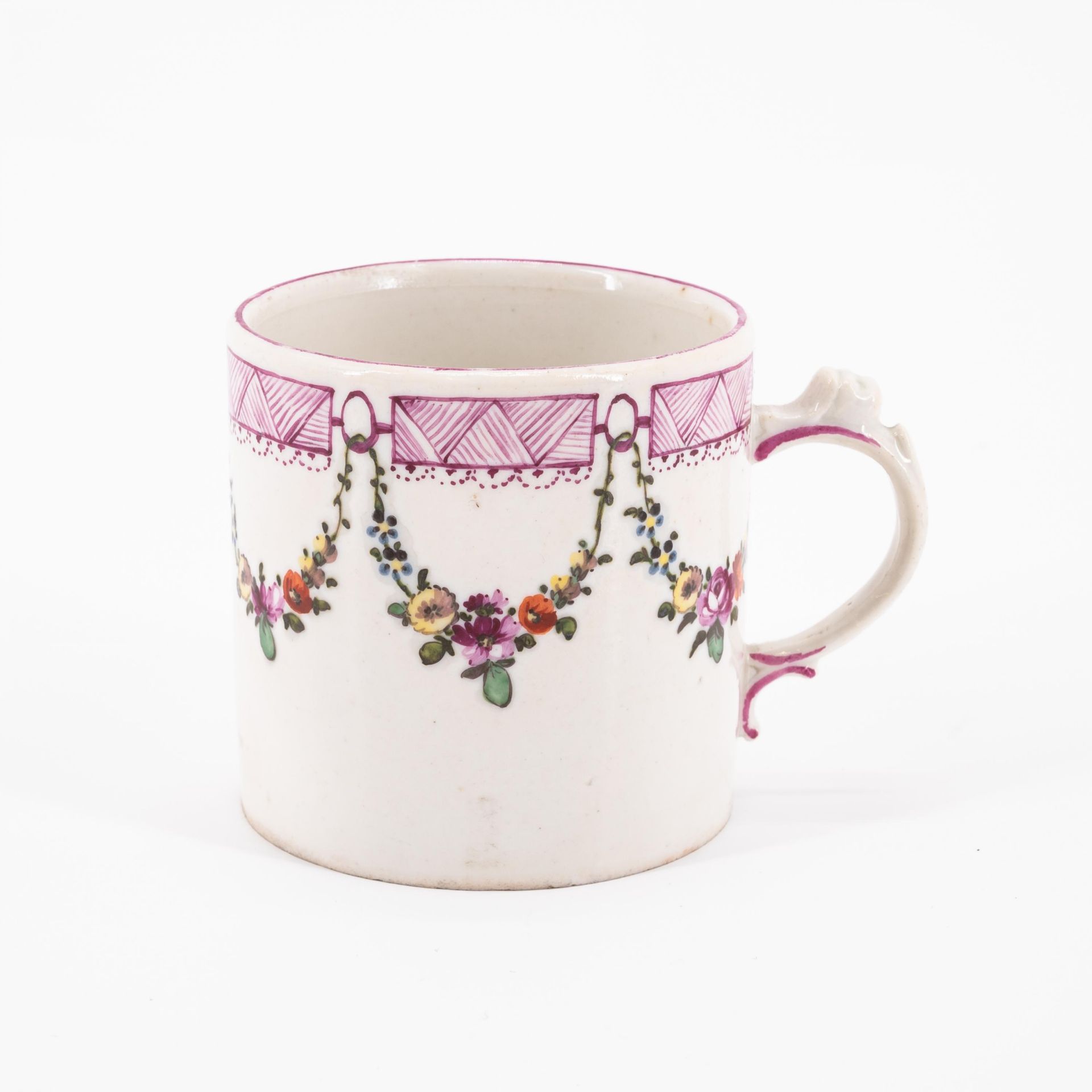 PORCELAIN SLOP BOWL, THREE CUPS AND SAUCERS WITH FIGURATIVE AND FLORAL DECOR - Image 10 of 22