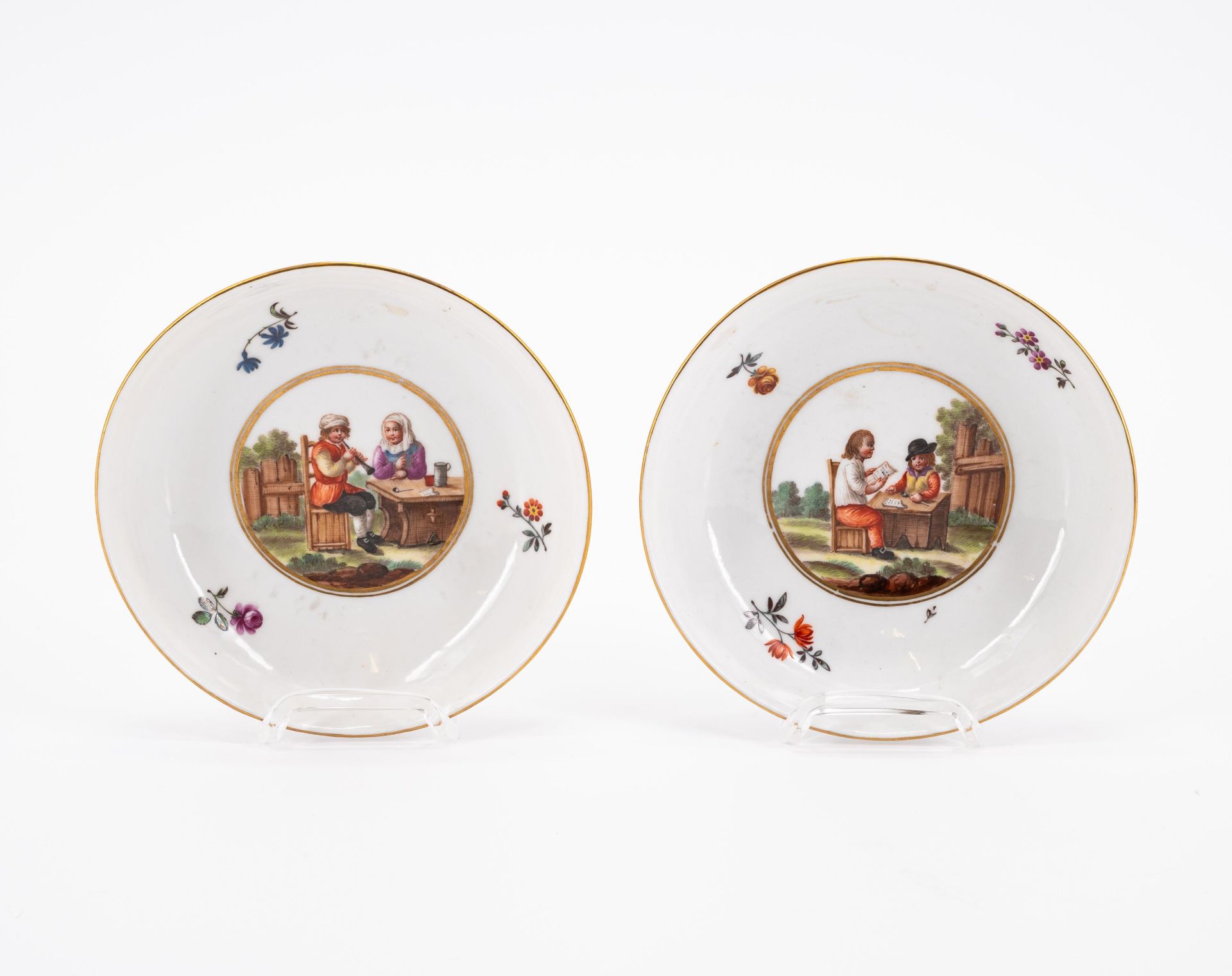 PORCELAIN SLOP BOWL, THREE CUPS AND SAUCERS WITH FIGURATIVE AND FLORAL DECOR - Image 7 of 22