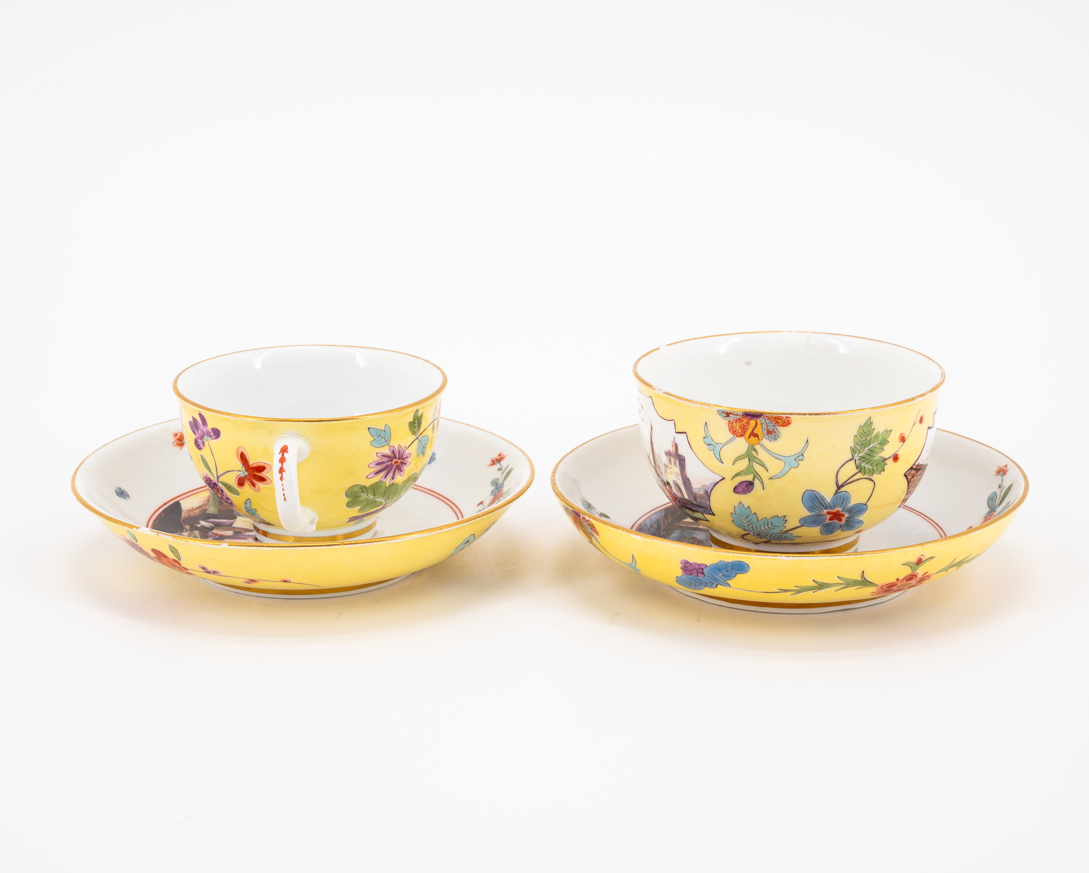 PORCELAIN CUP AND TEA BOWL WITH SAUCERS AND MERCHANT SCENES ON YELLOW GROUND - Image 2 of 6