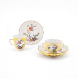 TWO PORCELAIN CUP WITH DOUBLE HANDLES & SAUCERS WITH KAKIEMON DECOR AND YELLOW GROUND