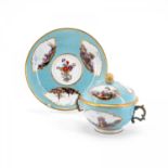 SMALL PORCELAIN TUREEN AND SAUCER WITH TURQUOISE BACKGROUND AND MERCHANT'S NAVY SCENES