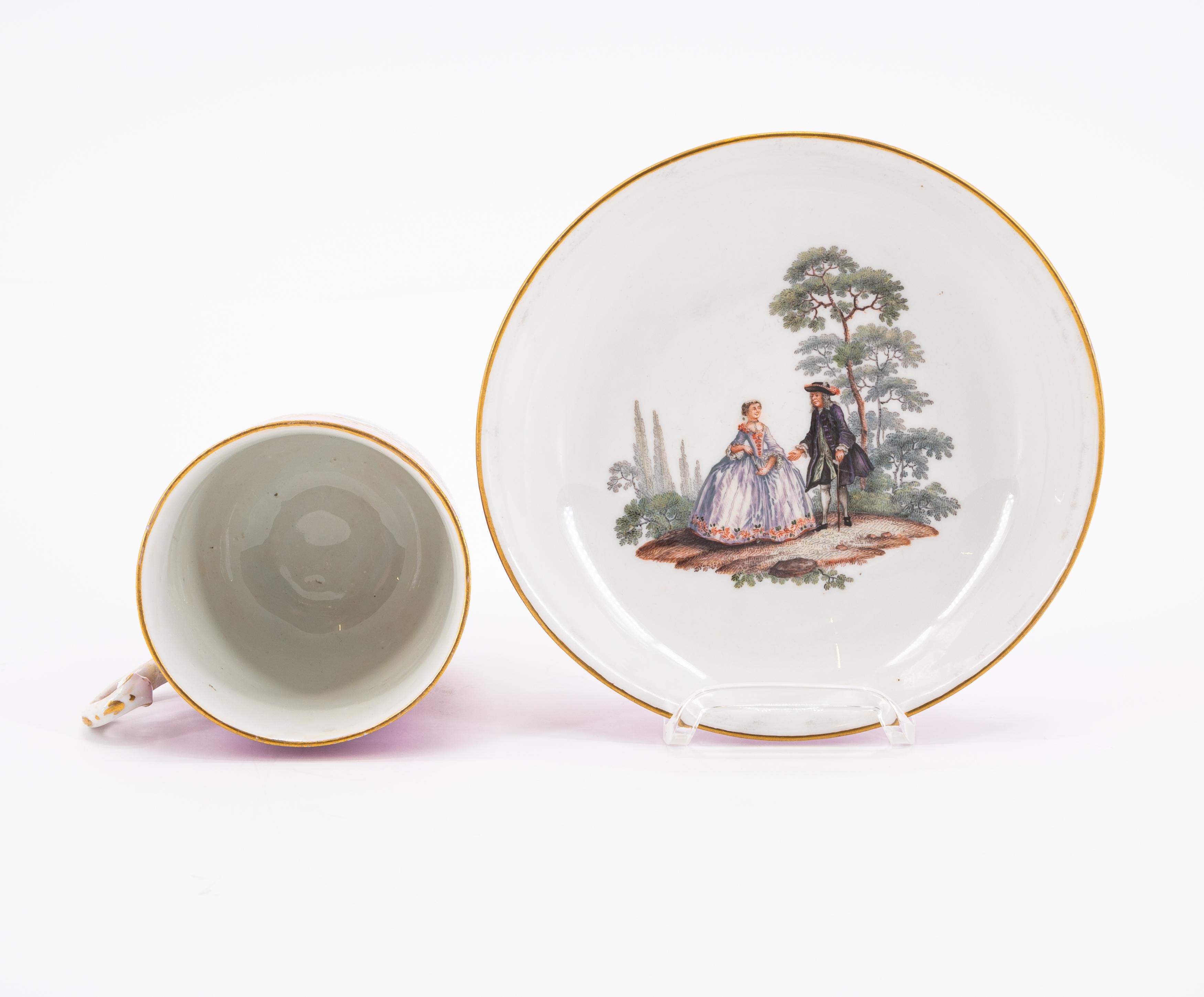 PORCELAIN SLOP BOWL, CUP WITH SAUCER AND PURPLE GROUND AND GALLANT PARK SCENES - Image 5 of 11
