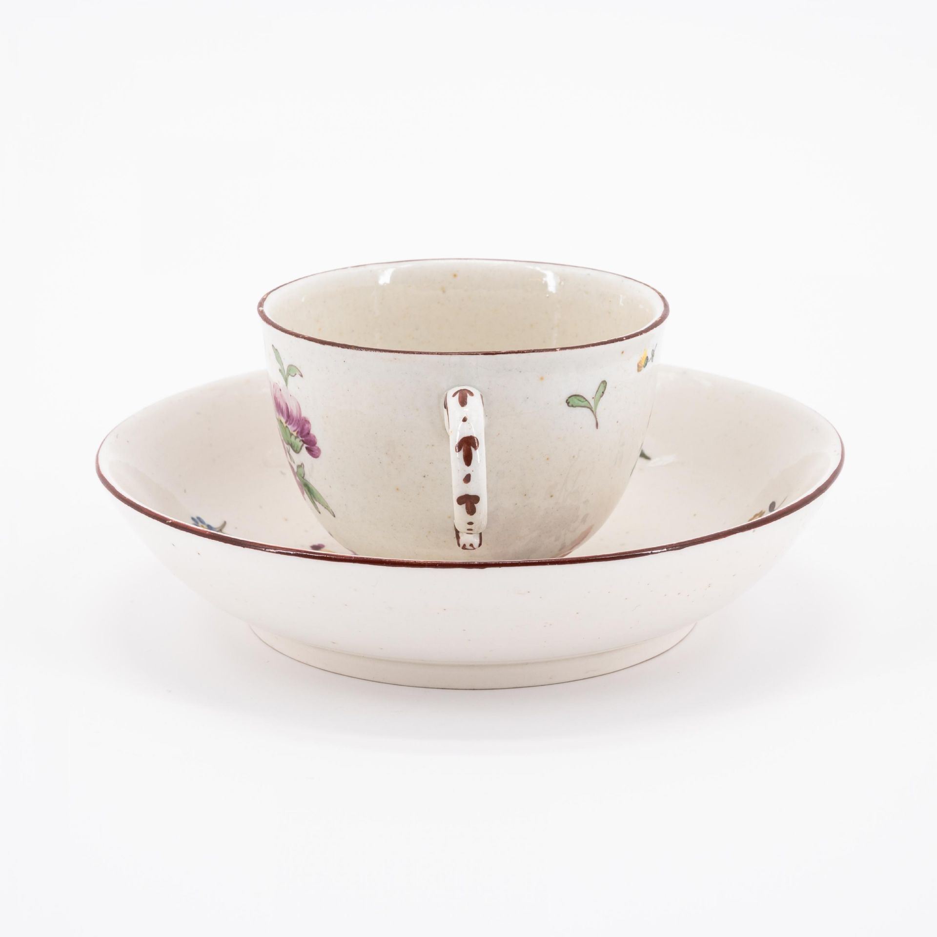 SIX PORCELAIN CUPS AND THREE SAUCERS WITH BIRD DECOR, FLOWERS AND LANDSCAPE SCENES - Image 13 of 16