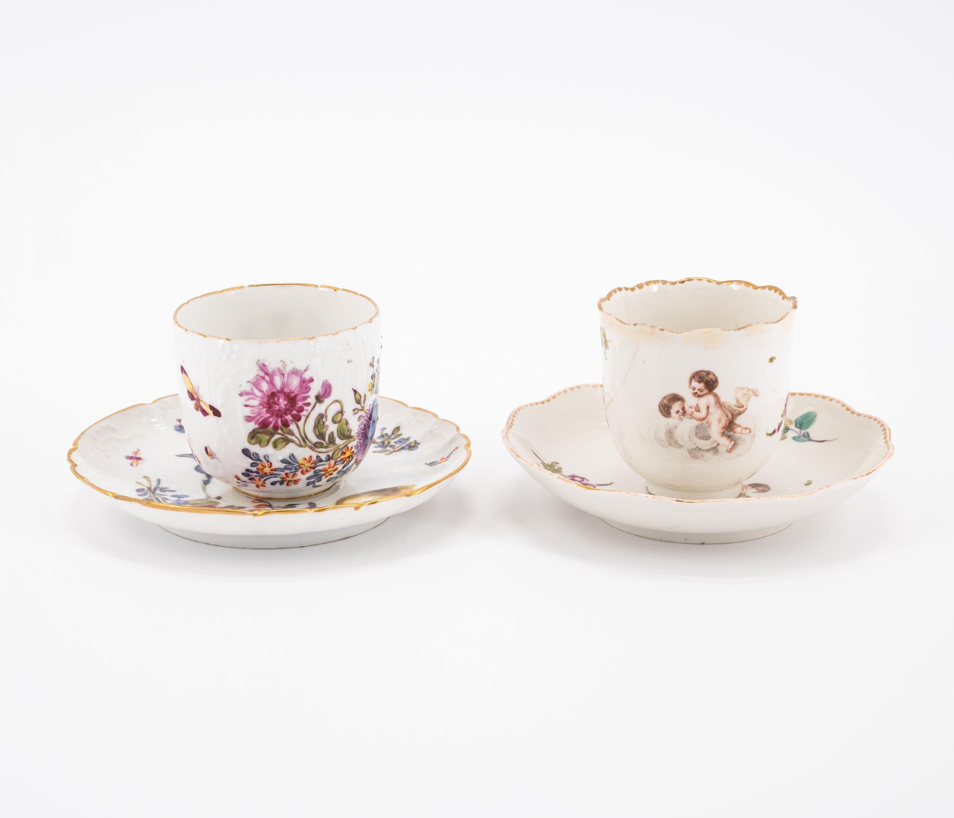 PORCELAIN SLOP BOWL, THREE CUPS AND SAUCERS WITH FIGURATIVE AND FLORAL DECOR - Image 4 of 22