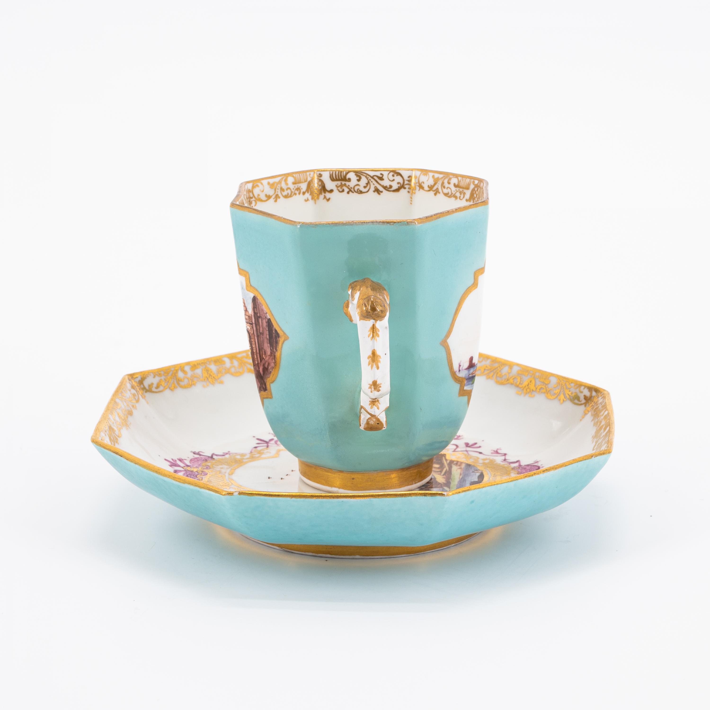 OCTAGONAL PORCELAIN CREAM JUG; HANDLES CUP AND SAUCER WITH TURQUOISE BACKGROUND AND LANDSCAPE DECORA - Image 4 of 11