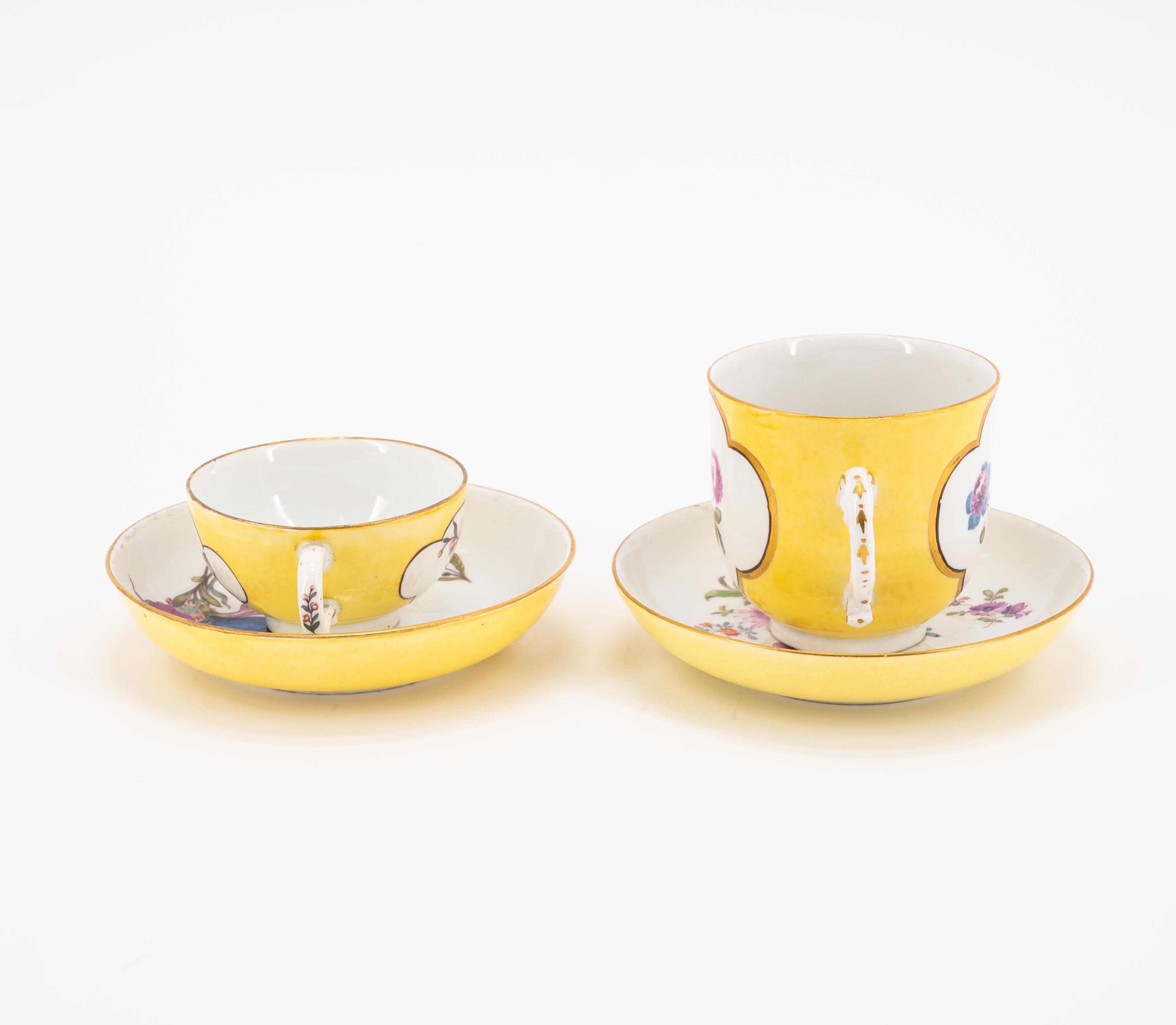 PORCELAIN TEA POT, TWO CUPS AND SAUCERS WITH YELLOW GROUND AND OMBRÉ FLORAL PAINTING - Image 2 of 11
