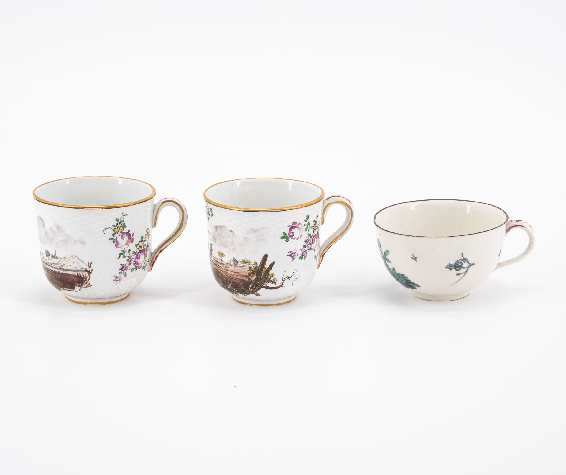 SIX PORCELAIN CUPS AND THREE SAUCERS WITH BIRD DECOR, FLOWERS AND LANDSCAPE SCENES - Image 2 of 16