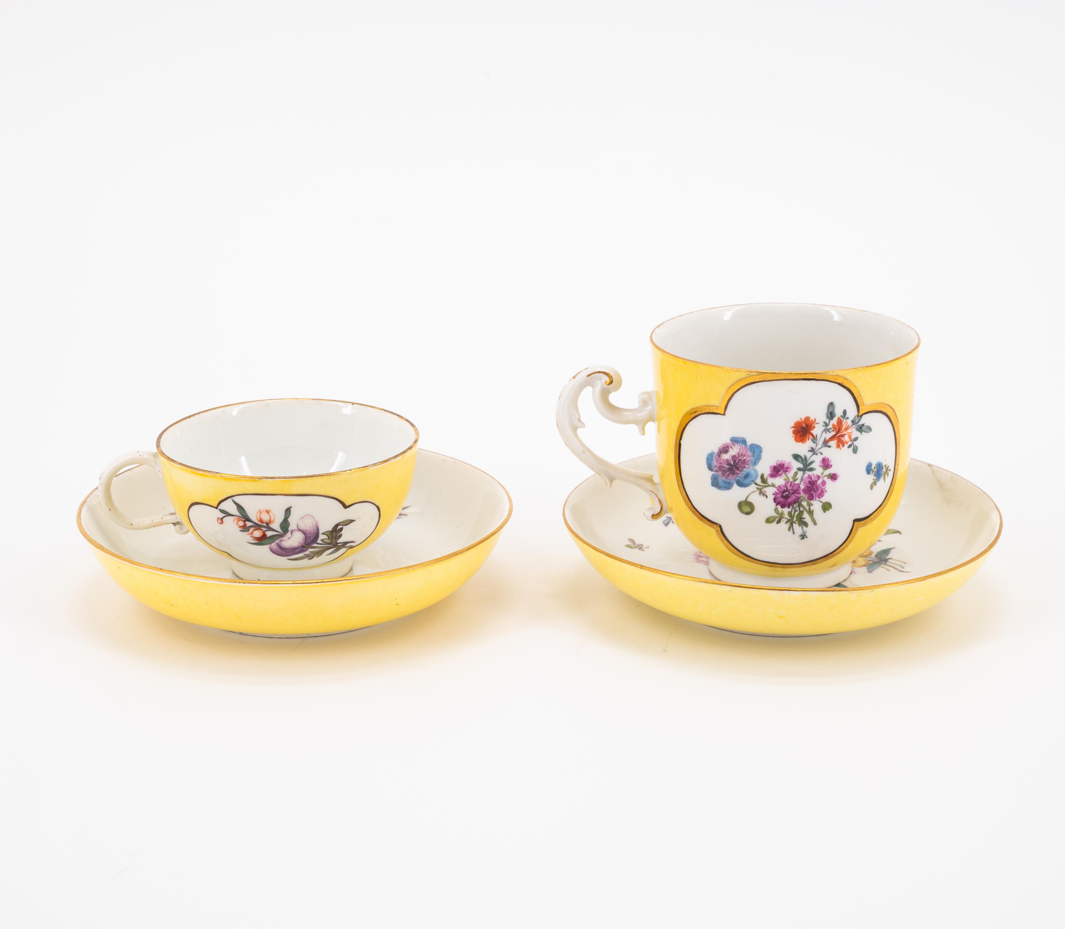 PORCELAIN TEA POT, TWO CUPS AND SAUCERS WITH YELLOW GROUND AND OMBRÉ FLORAL PAINTING - Image 3 of 11