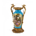 LARGE PORCELAIN VASE WITH TURQUOISE GROUND, PARK SCENE AND BRONZE MOUNTINGS