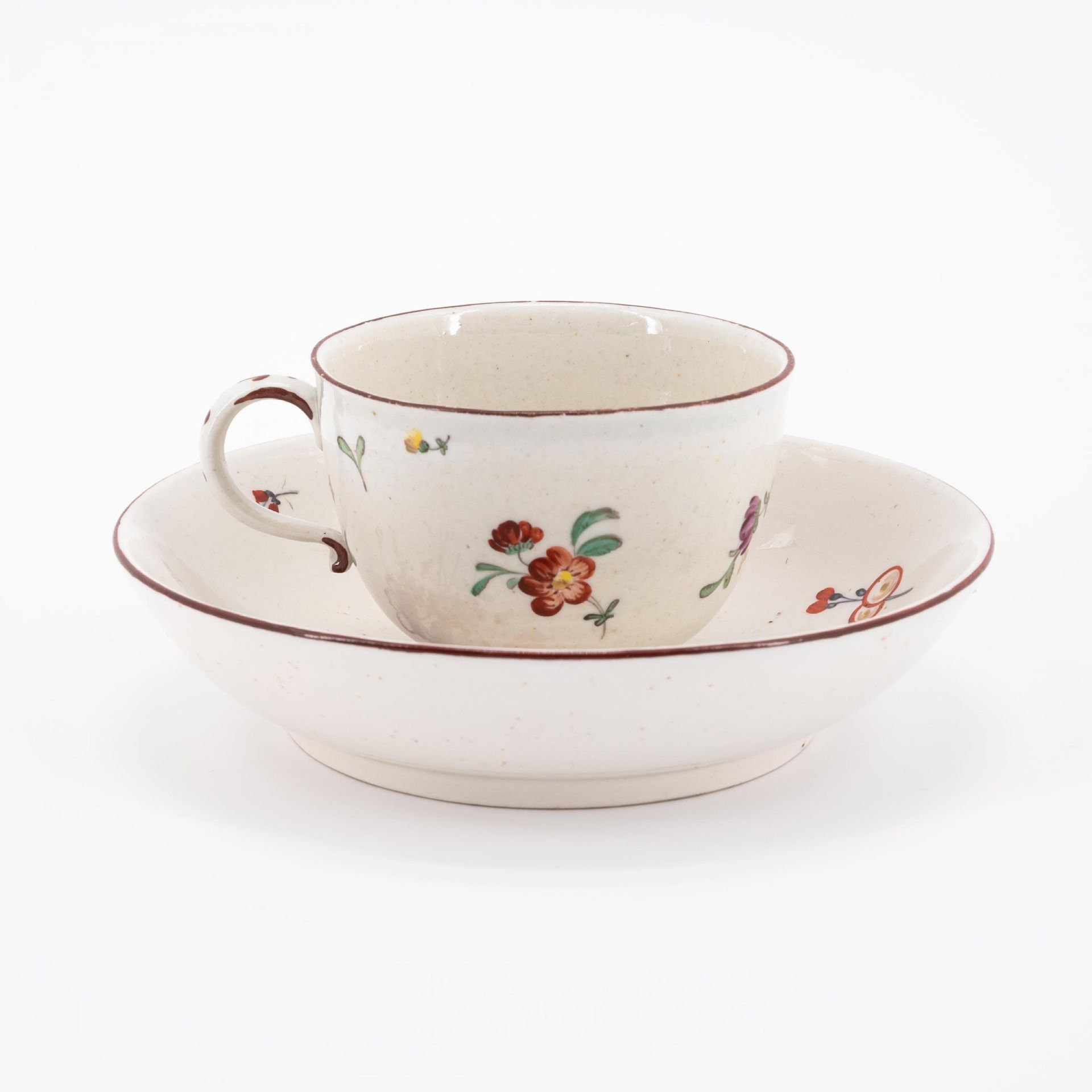 SIX PORCELAIN CUPS AND THREE SAUCERS WITH BIRD DECOR, FLOWERS AND LANDSCAPE SCENES - Image 14 of 16