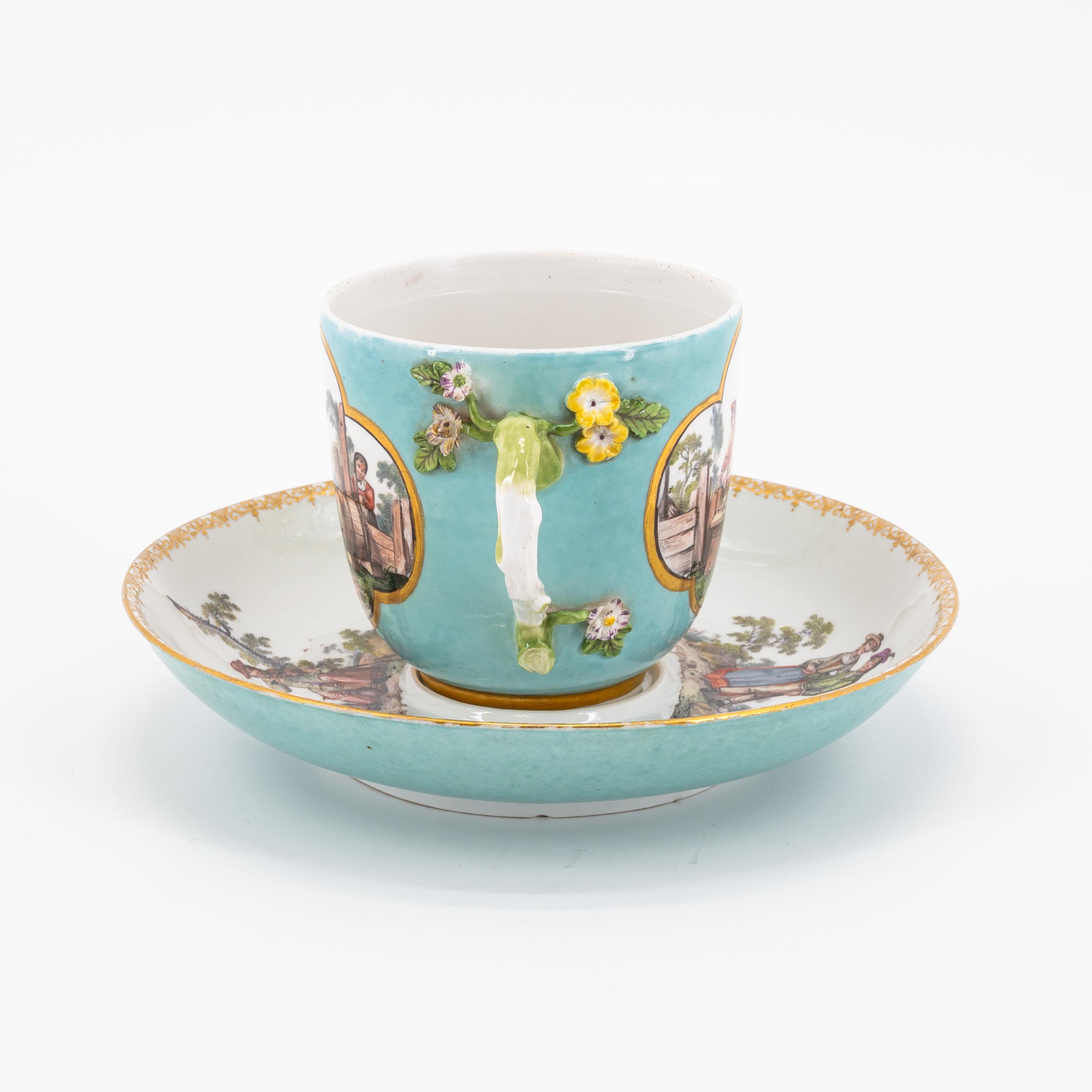 PORCELAIN MUG WITH TURQUOISE GROUND, APPLIED FLOWERS AND RURAL SCENES - Image 2 of 6