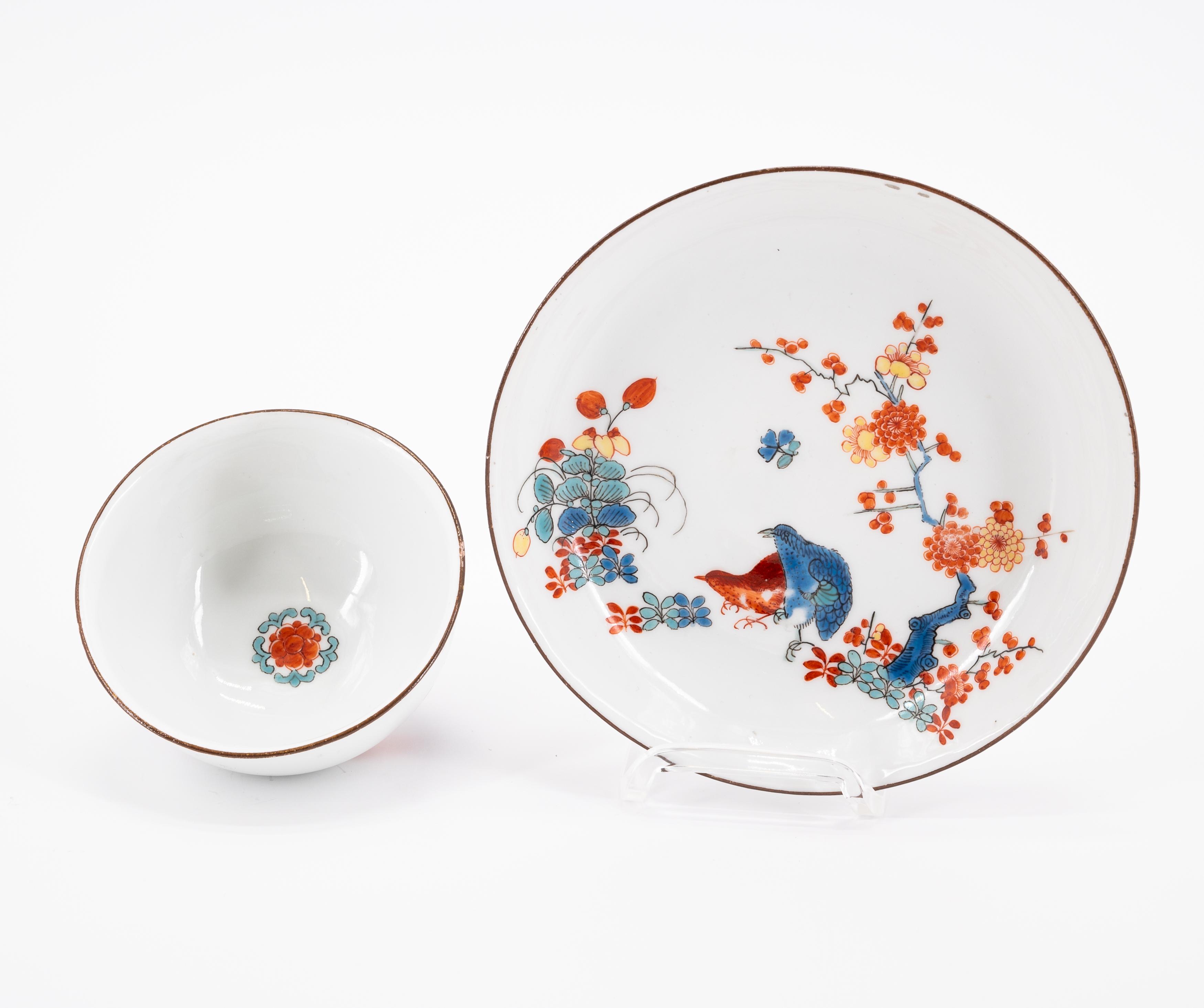 ONE PORCELAIN CUP AND SAUCER WITH QUAIL DECOR & TWO CUPS WITH PURPLE BACKGROUND AND BIRD DECOATIONS - Image 10 of 11