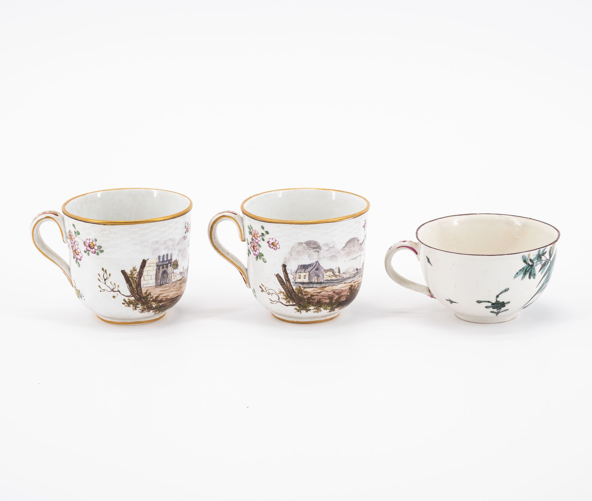 SIX PORCELAIN CUPS AND THREE SAUCERS WITH BIRD DECOR, FLOWERS AND LANDSCAPE SCENES - Image 4 of 16