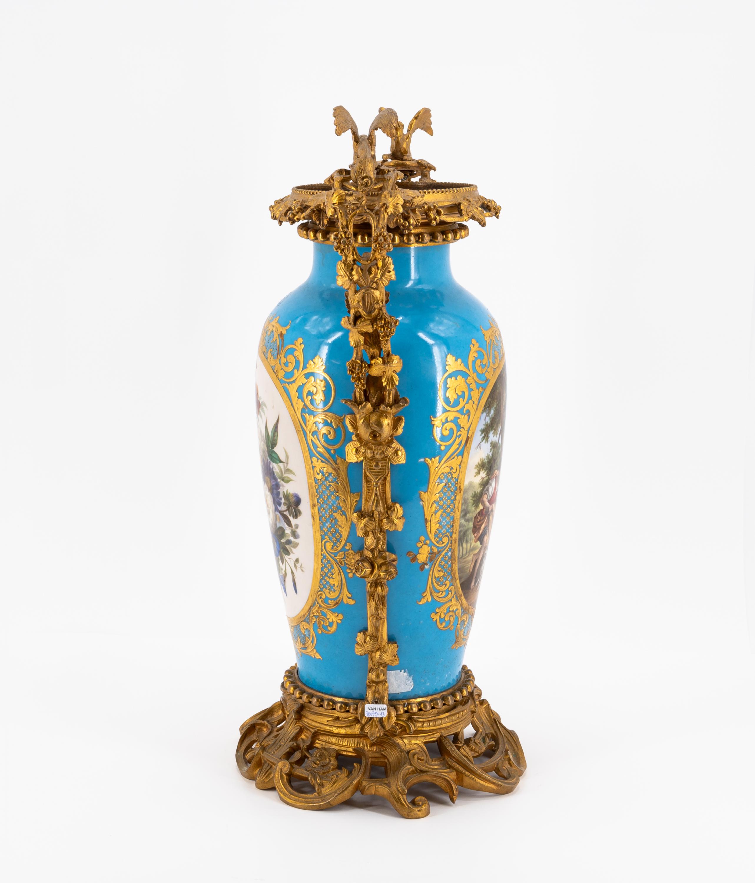 LARGE PORCELAIN VASE WITH TURQUOISE GROUND, PARK SCENE AND BRONZE MOUNTINGS - Image 4 of 5