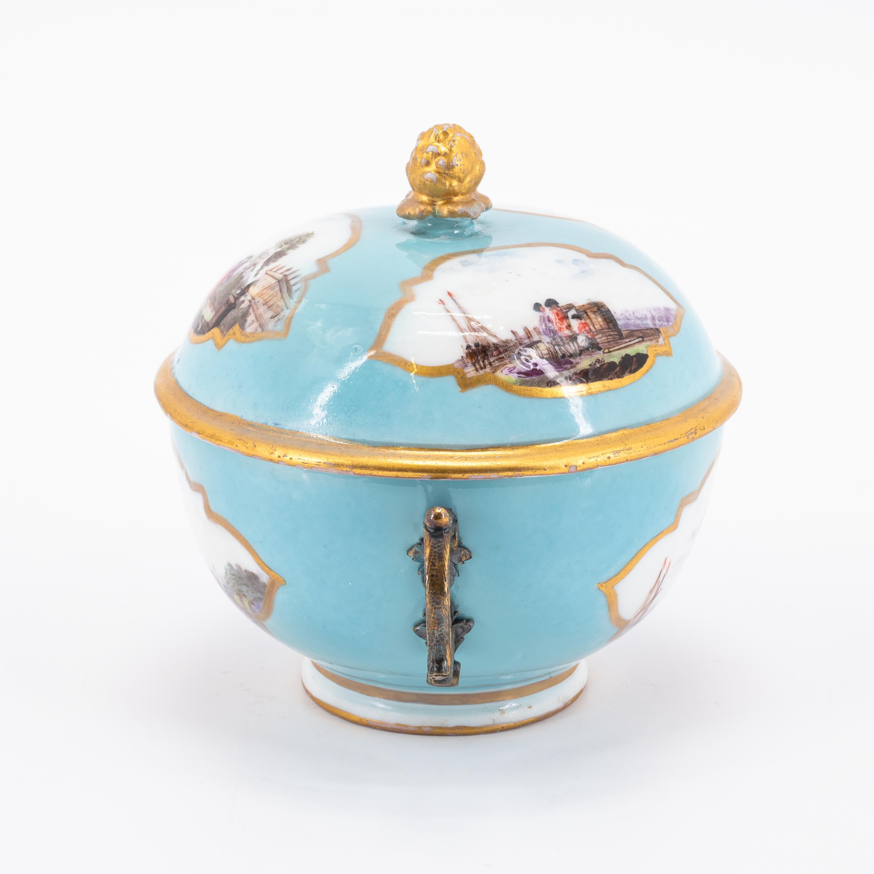 SMALL PORCELAIN TUREEN AND SAUCER WITH TURQUOISE BACKGROUND AND MERCHANT'S NAVY SCENES - Image 6 of 8