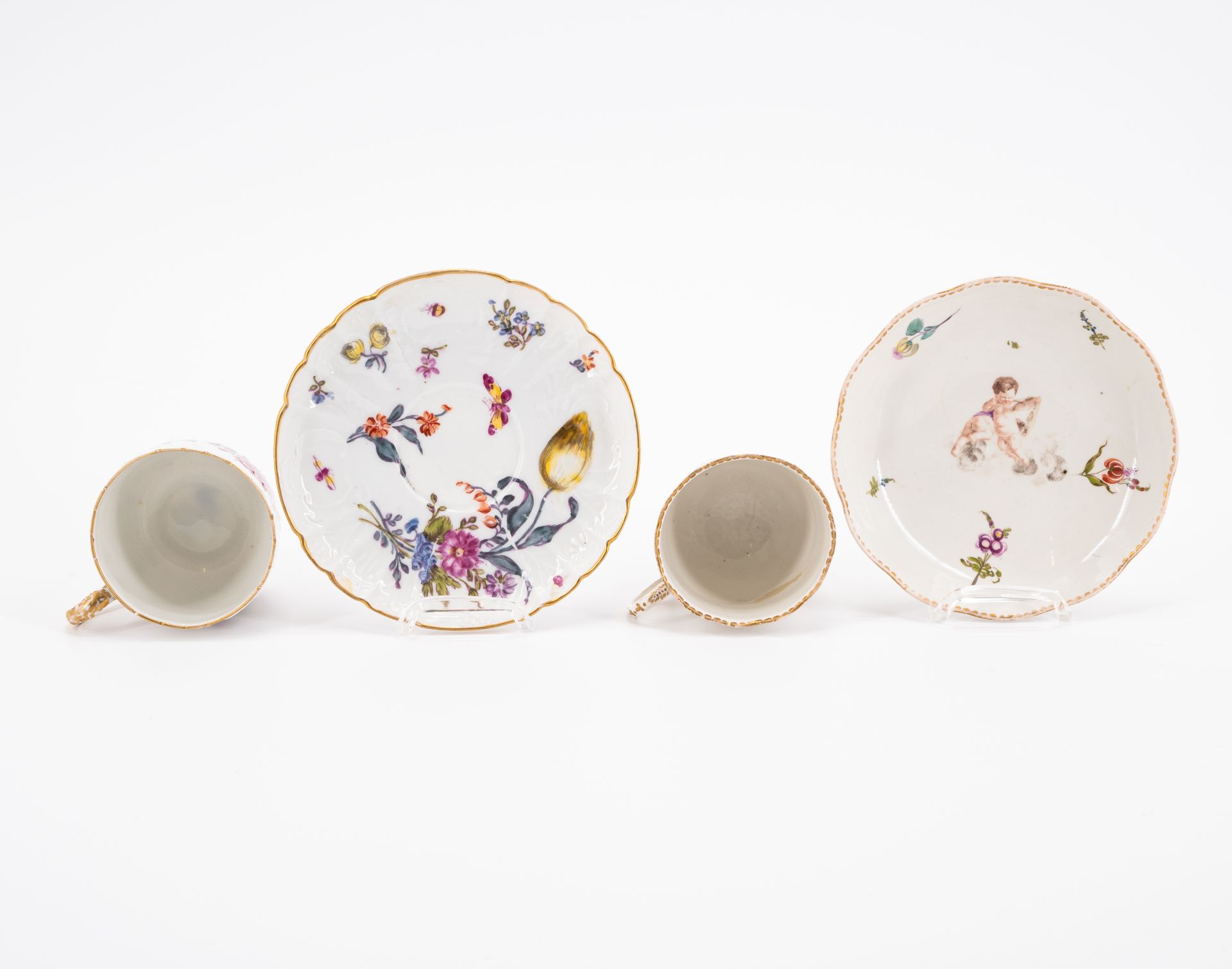 PORCELAIN SLOP BOWL, THREE CUPS AND SAUCERS WITH FIGURATIVE AND FLORAL DECOR - Image 5 of 22