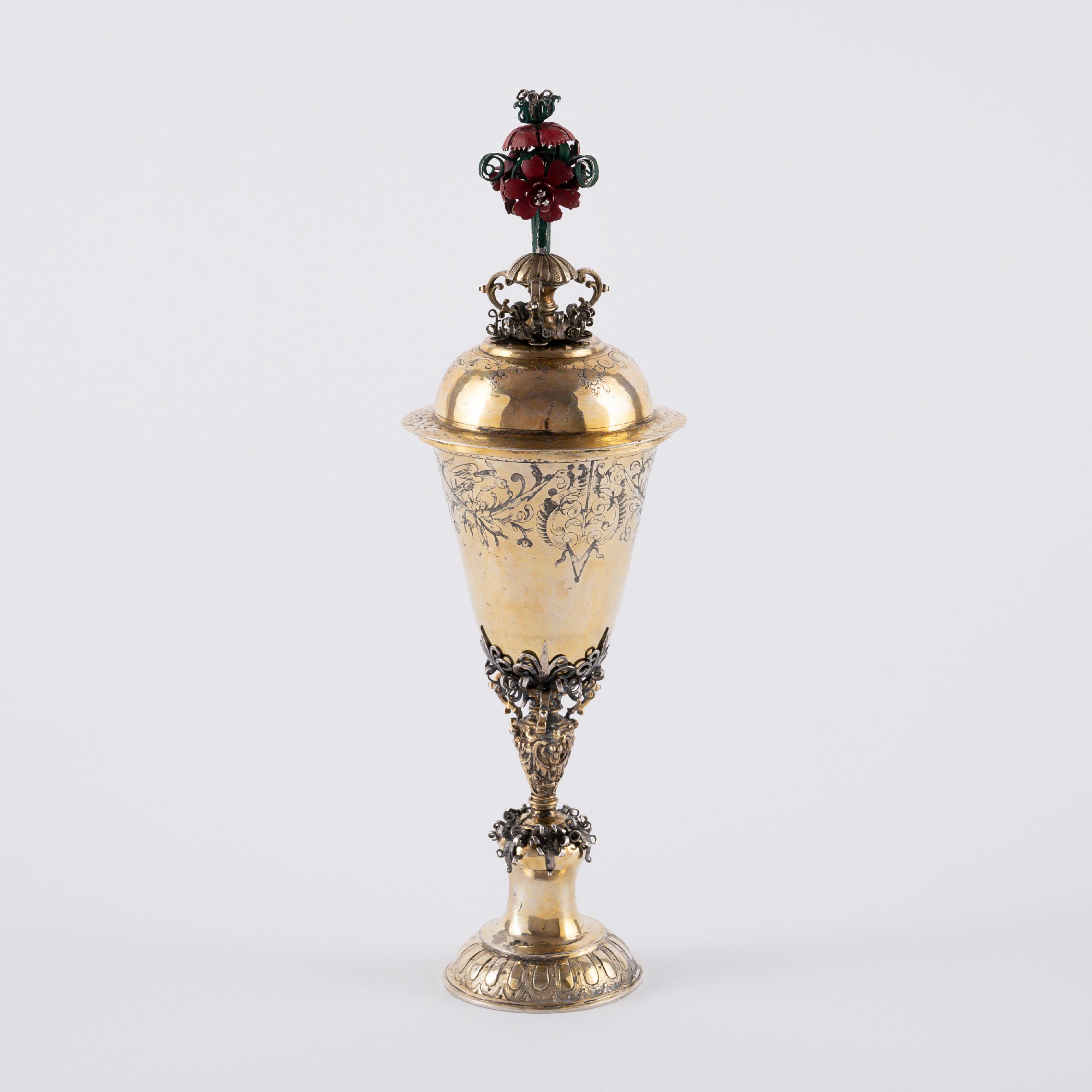 EARLY VERMEIL SILVER LIDDED GOBLET WITH COLOURED LID - Image 3 of 7