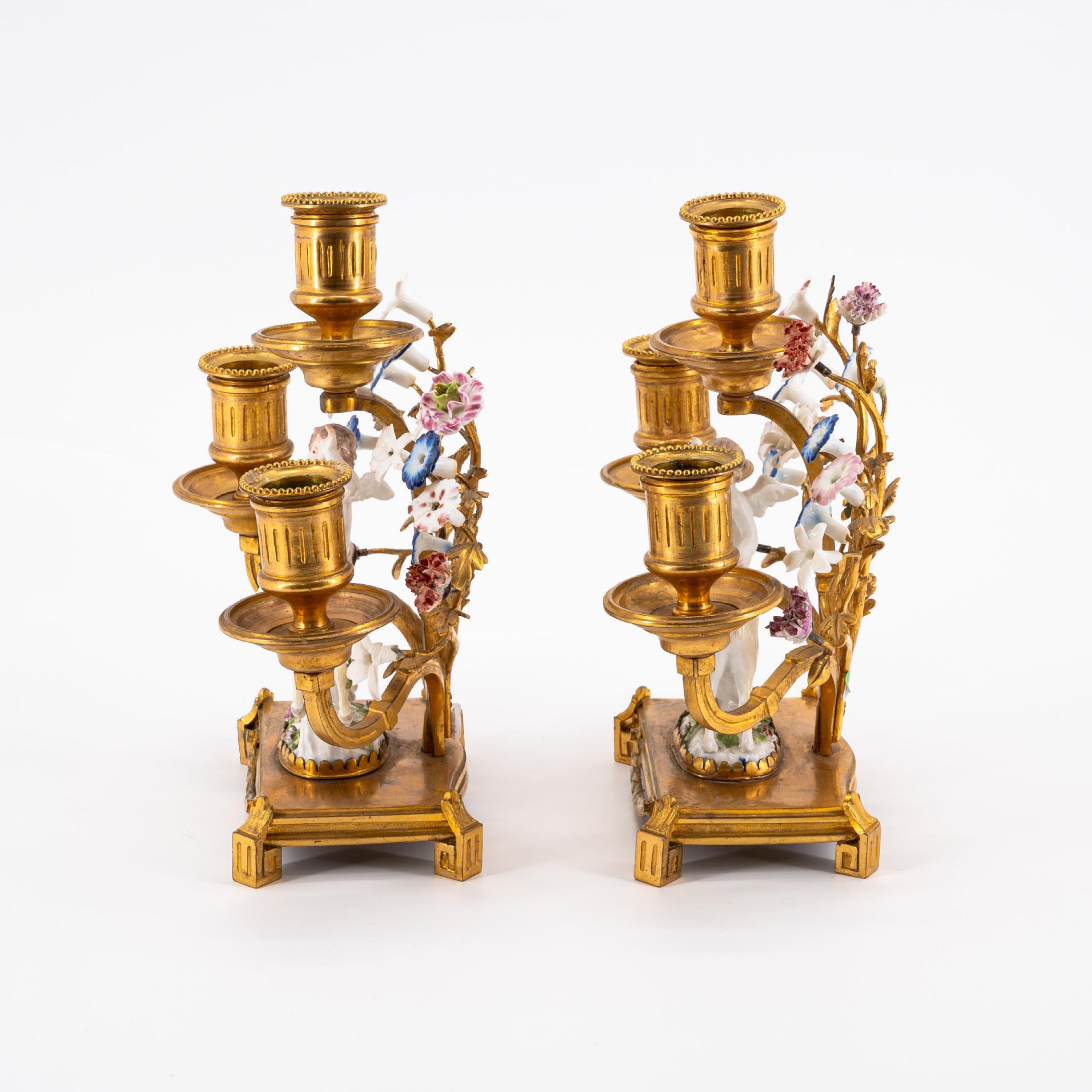 BRONZE PAIR OF THREE-LIGHT CANDLESTICKS WITH CUPIDS RIDING HORSES - Image 3 of 6