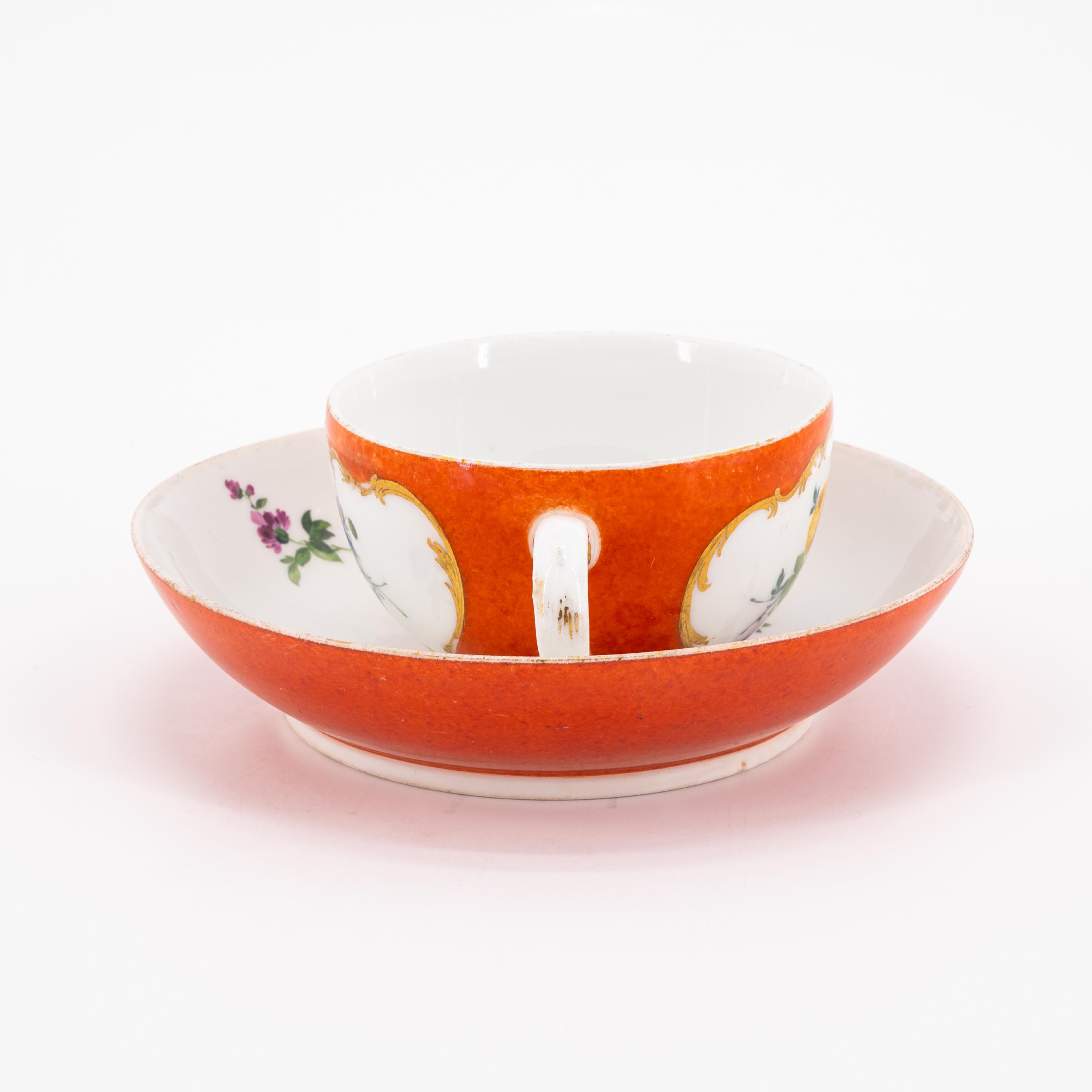 TWO PORCELAIN CUPS AND SAUCERS WITH YELLOW AND ORANGE COLOURED GROUND AS WELL AS FLORAL DECOR - Image 7 of 11