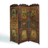 EXCEPTIONAL LINEN FOLDING SCREEN WITH APHORISMS AND GALANT SCENES