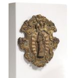 OVAL, BRONZE ROCAILLE CARTOUCHE WITH FIGURE OF THE VIRGIN MARY