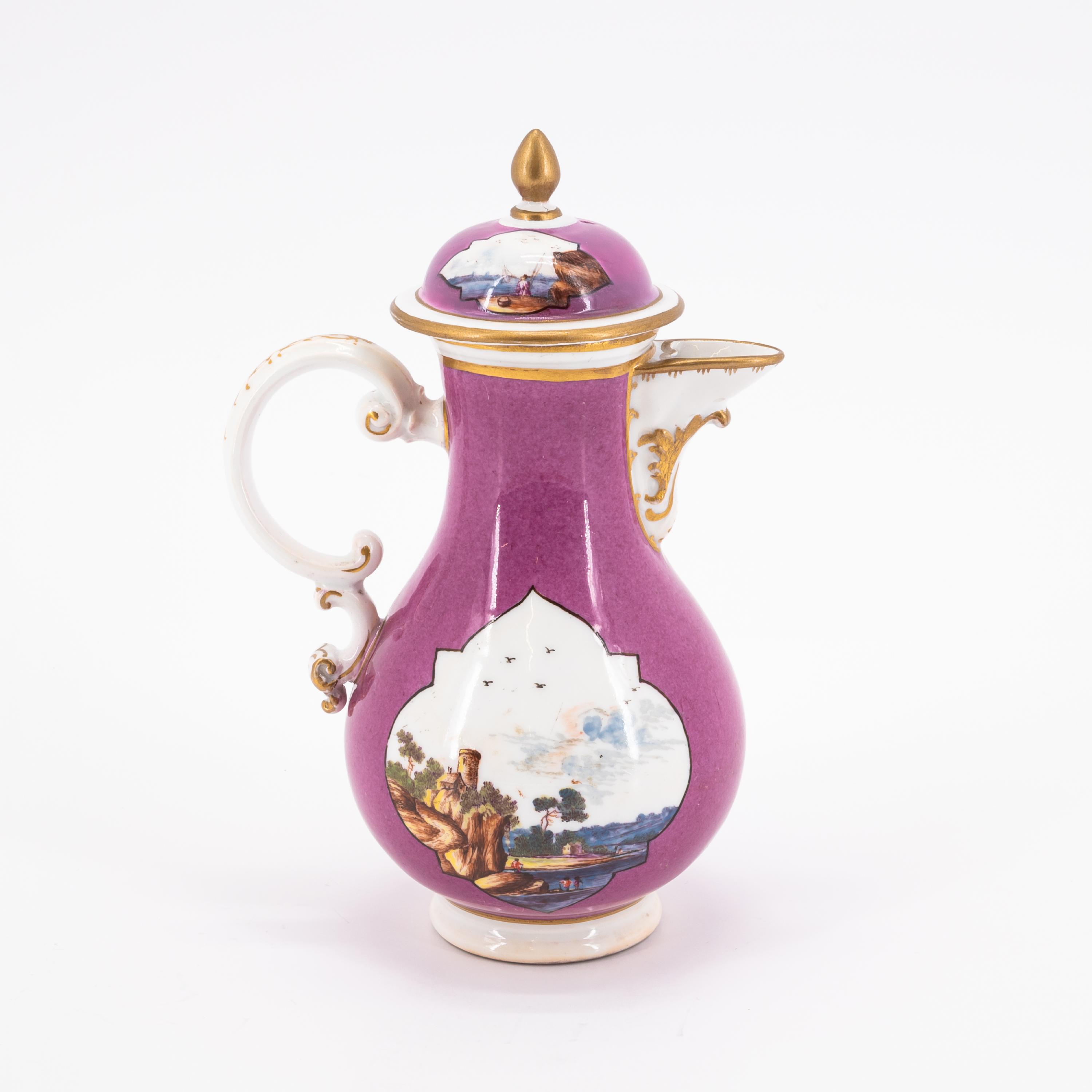 A PORCELAIN COFFEE JUG, CUP AND SAUCER WITH PURPLE GROUND AND LANDSCAPE CARTOUCHES - Image 8 of 11