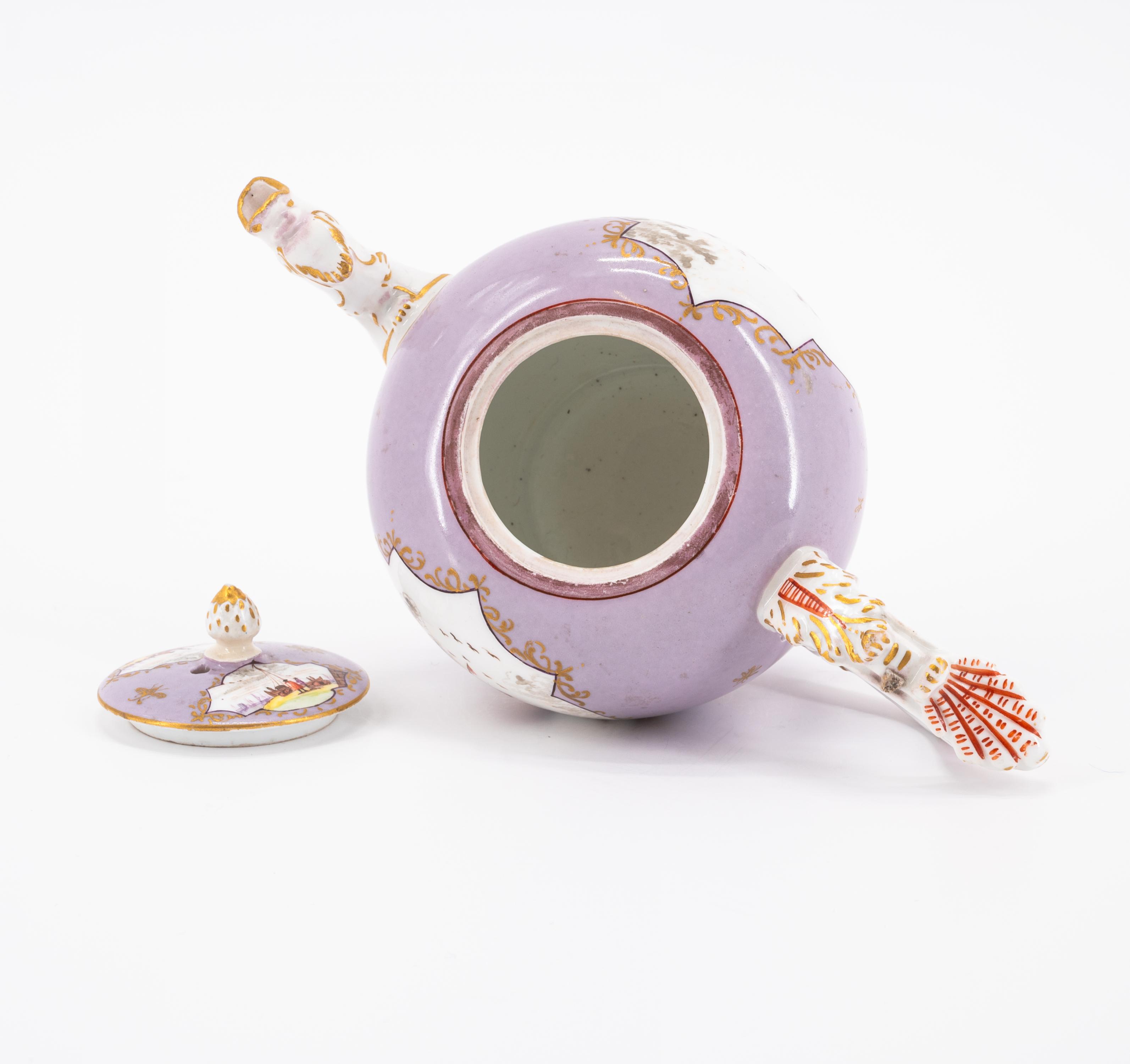 PORCELAIN TEAPOT AND COFFEEPOT WITH PURPLE GROUND AND MERCHANTS NAVY SCENES - Image 10 of 11