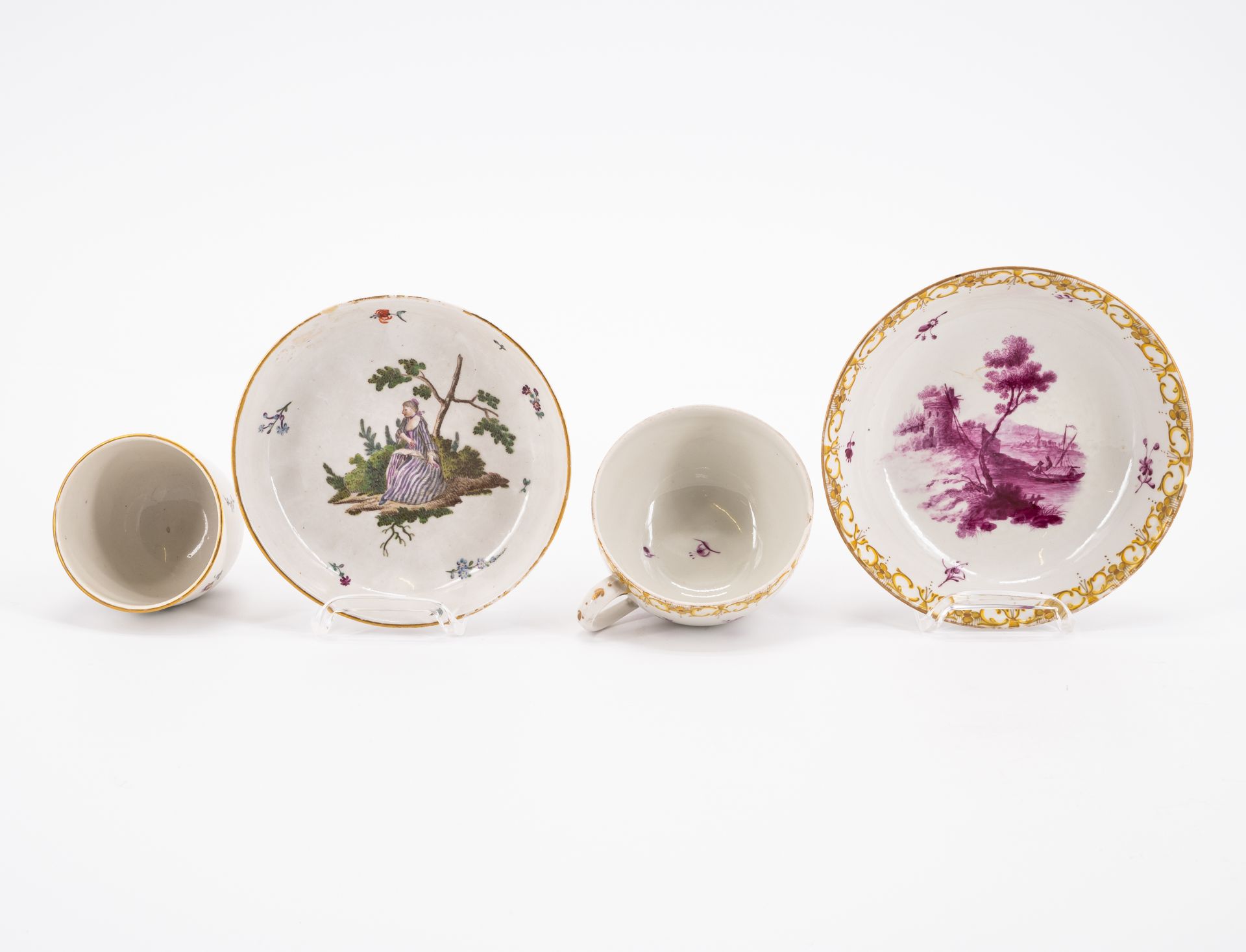 PORCELAIN SLOP BOWL, THREE CUPS AND SAUCERS WITH FIGURATIVE AND FLORAL DECOR - Image 16 of 22