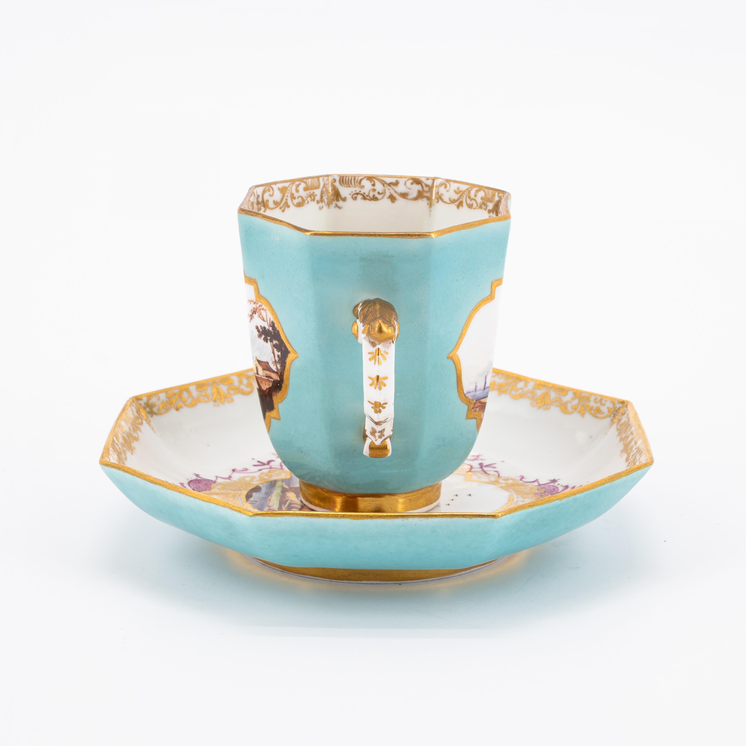 OCTAGONAL PORCELAIN CREAM JUG; HANDLES CUP AND SAUCER WITH TURQUOISE BACKGROUND AND LANDSCAPE DECORA - Image 2 of 11