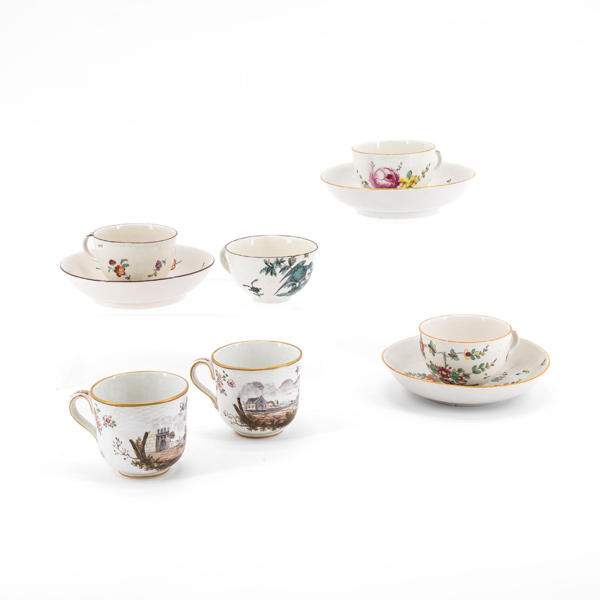 SIX PORCELAIN CUPS AND THREE SAUCERS WITH BIRD DECOR, FLOWERS AND LANDSCAPE SCENES