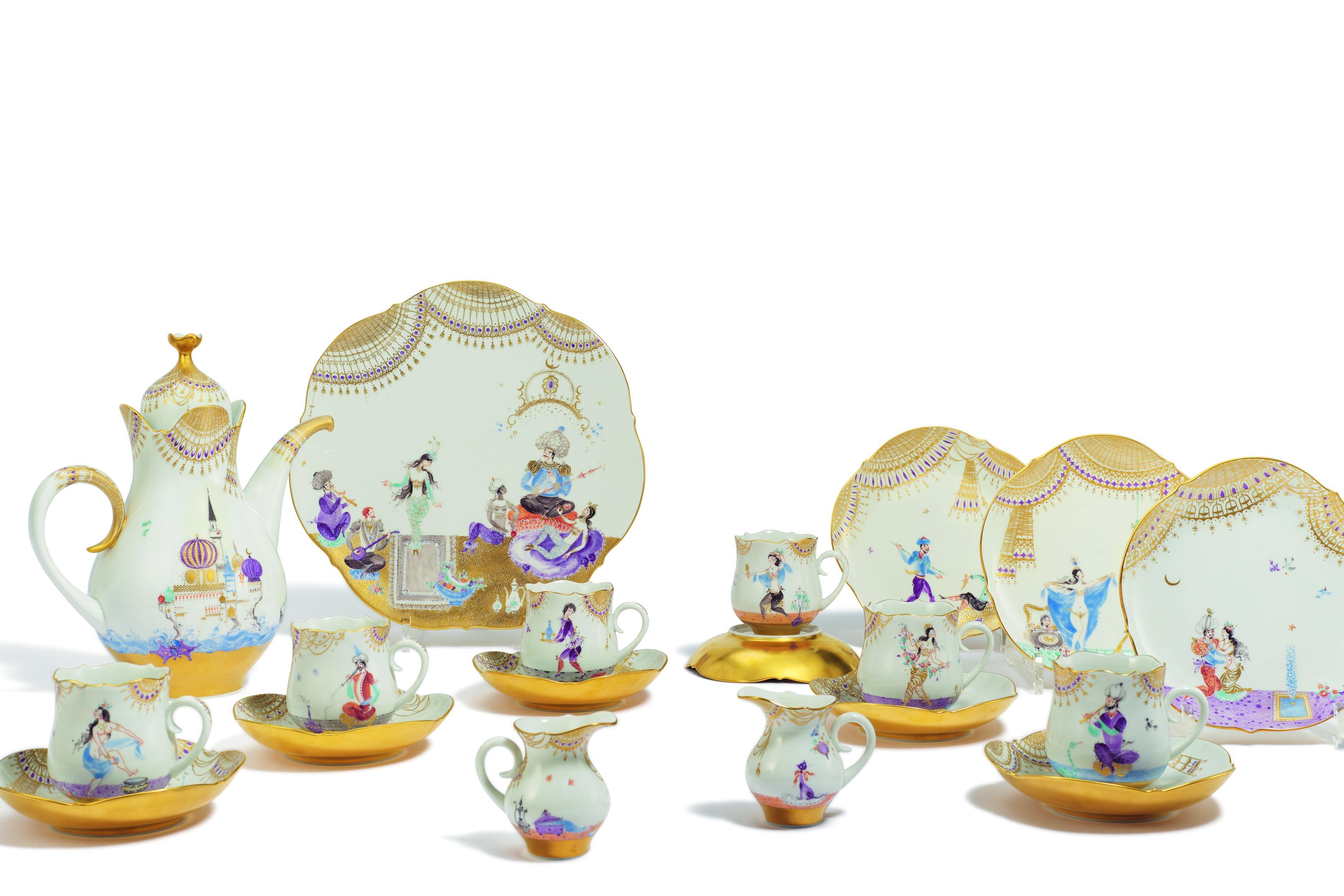 LARGE PORCELAIN COFFEE SERVICE WITH '1001 NIGHTS' DECOR FOR 12 PEOPLE