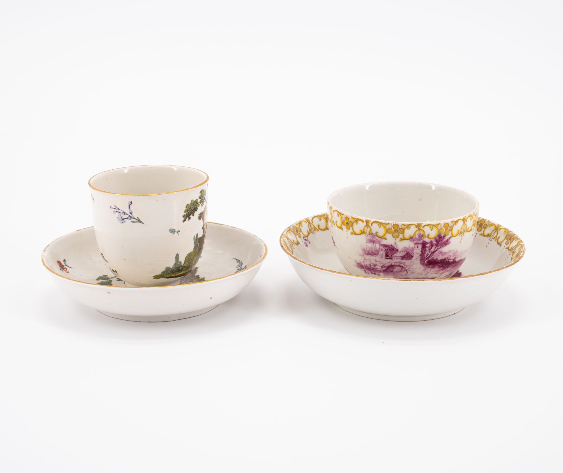 PORCELAIN SLOP BOWL, THREE CUPS AND SAUCERS WITH FIGURATIVE AND FLORAL DECOR - Image 15 of 22