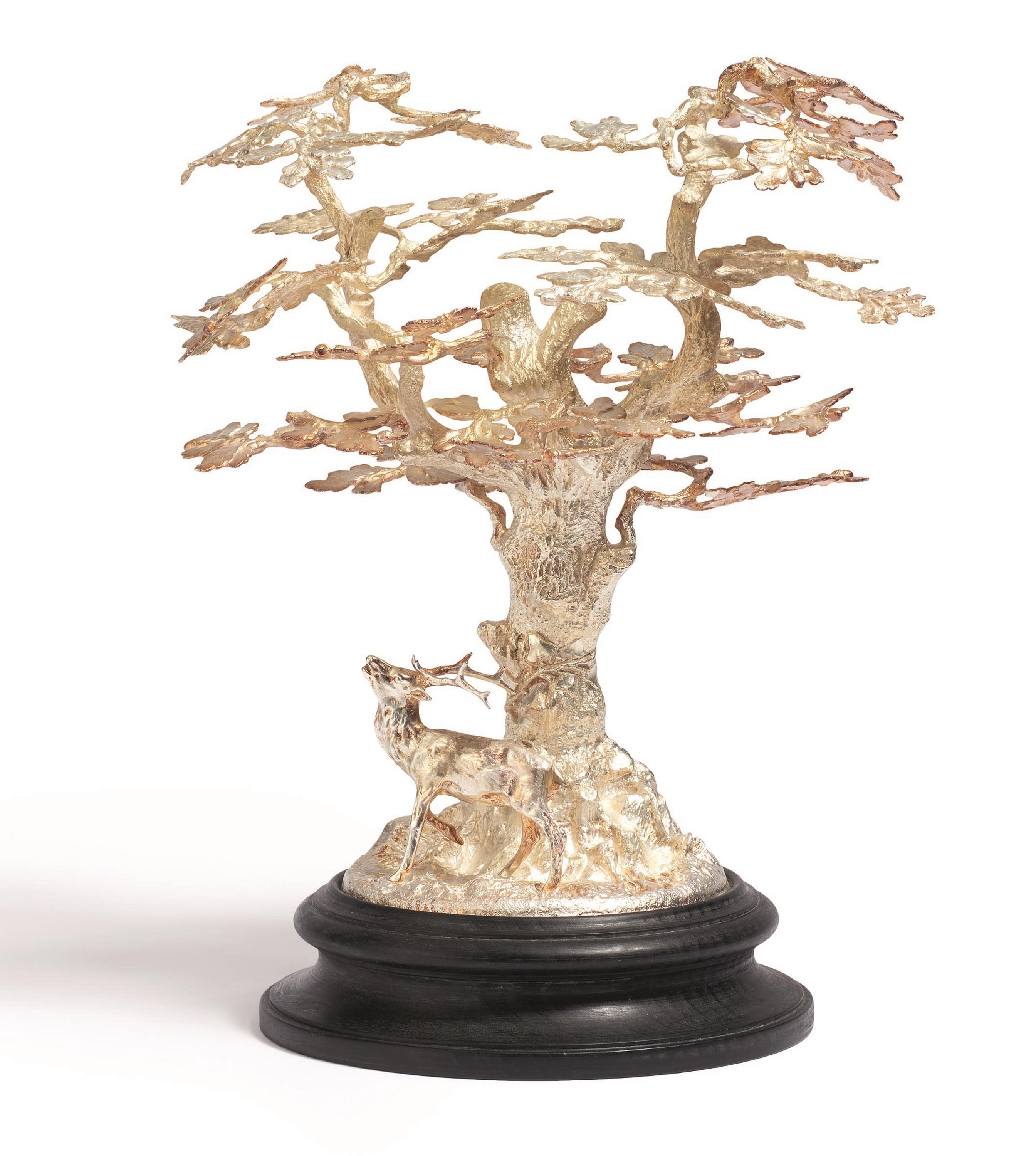 EXTRAORDINARY SILVER HUNTING CENTRE PIECE WITH STAG UNDER A LARGE OAK TREE